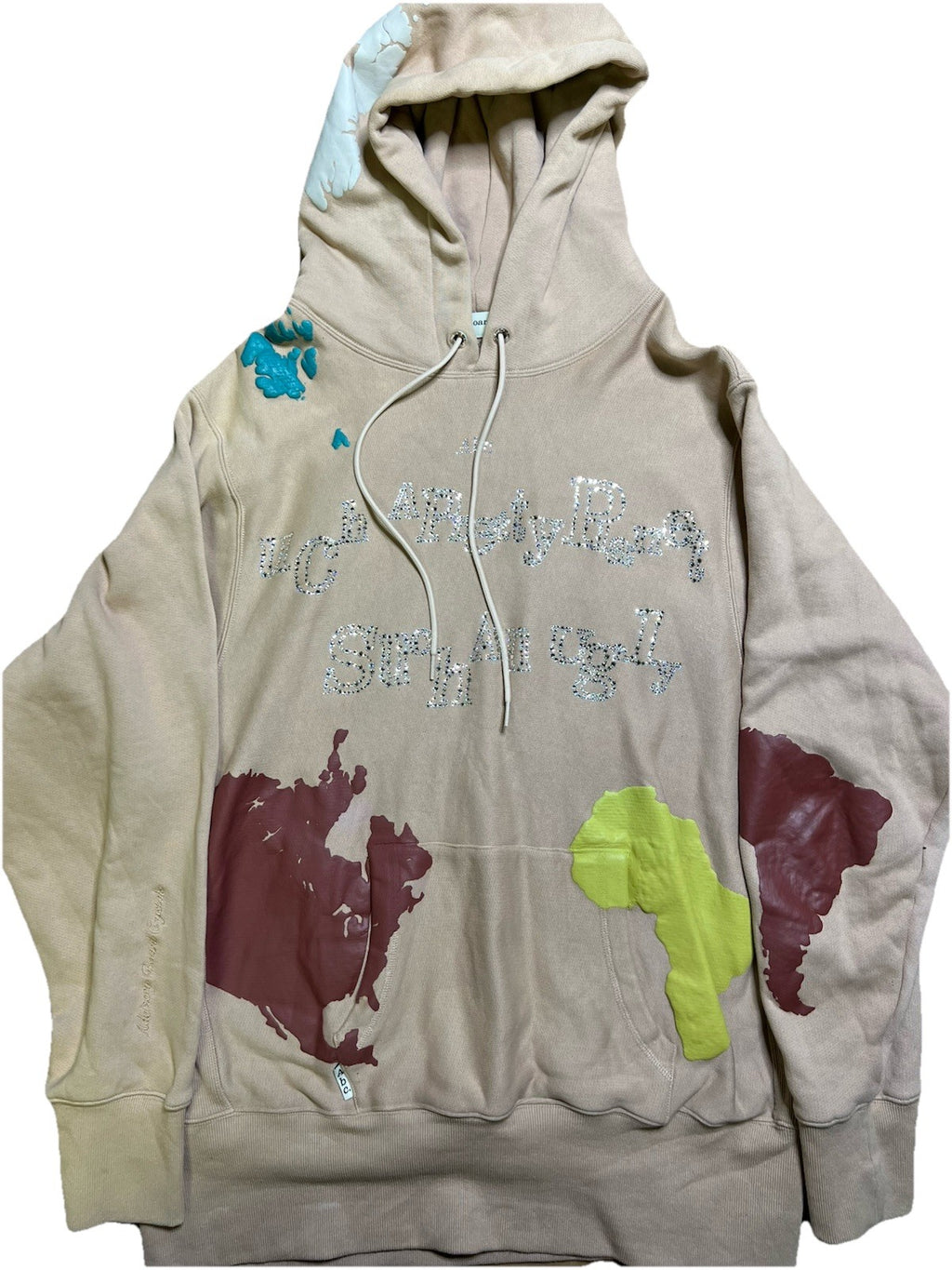 RARE ABC Advisory Board Crystals Hoodie XXL Beige Rhinestone Map Graphic Earth0