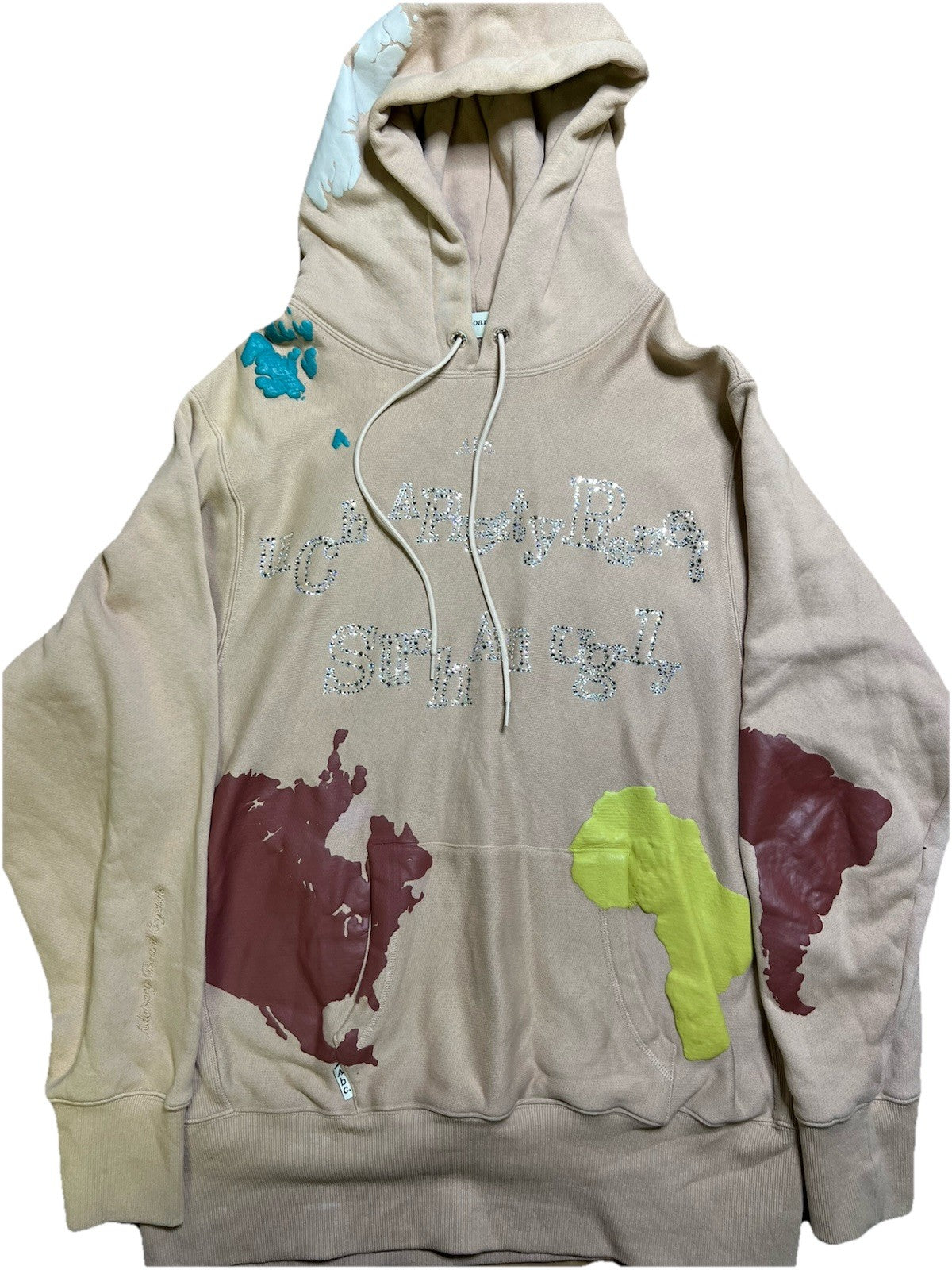 RARE ABC Advisory Board Crystals Hoodie XXL Beige Rhinestone Map Graphic Earth0