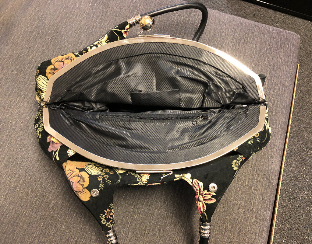 Handmade Quilted Handbag Shoulder Tote Bag Flower Floral Print Black 15x8x4in2