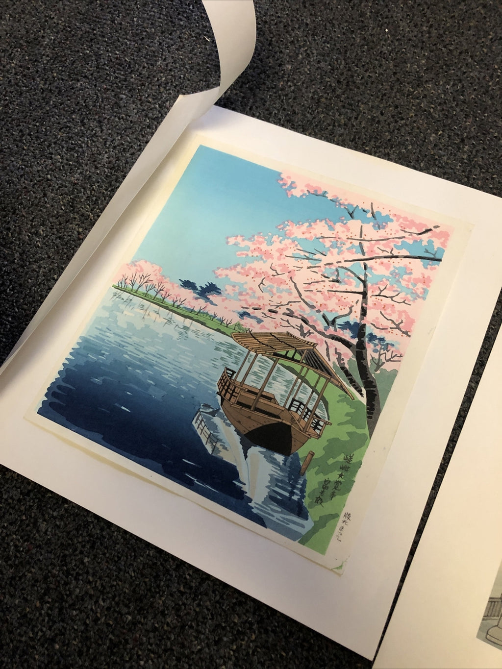 Vintage Lot Of 2 Japanese Woodblock Prints Temple In Spring Boat On Water 14x13”5