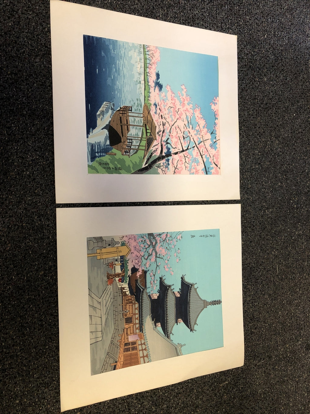 Vintage Lot Of 2 Japanese Woodblock Prints Temple In Spring Boat On Water 14x13”0