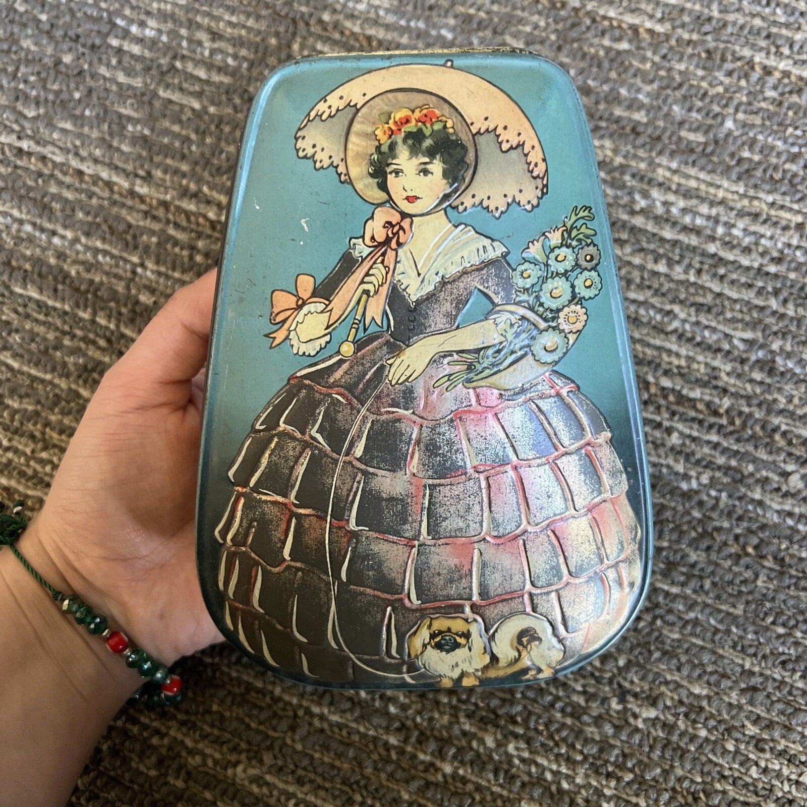 Vintage Boy Blue Tin Candy Container Victorian Woman With Dog Image7