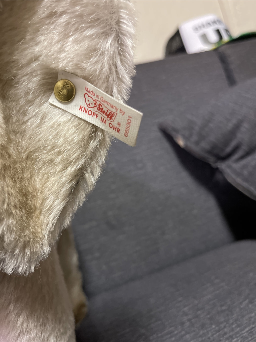 VTG STEIFF Original  White Elephant Germany w/Button Tag RARE Trunk Up3