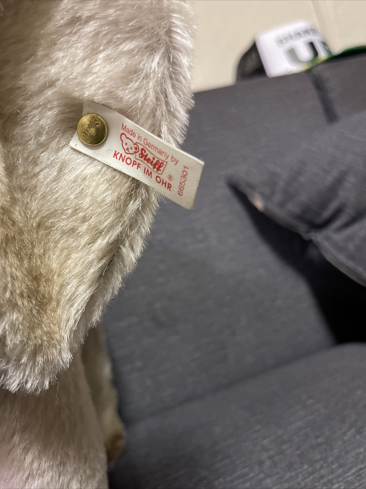 VTG STEIFF Original  White Elephant Germany w/Button Tag RARE Trunk Up3