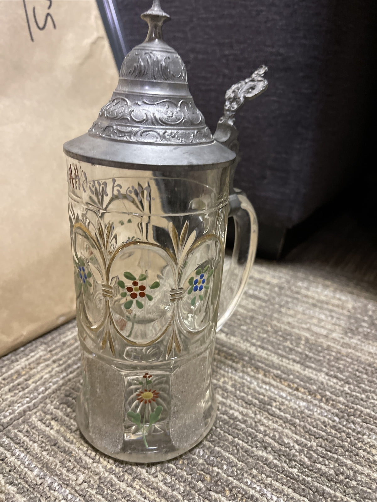 Antique Lidded Cut Glass Mug painted German Beer Stein pewter top 9”2