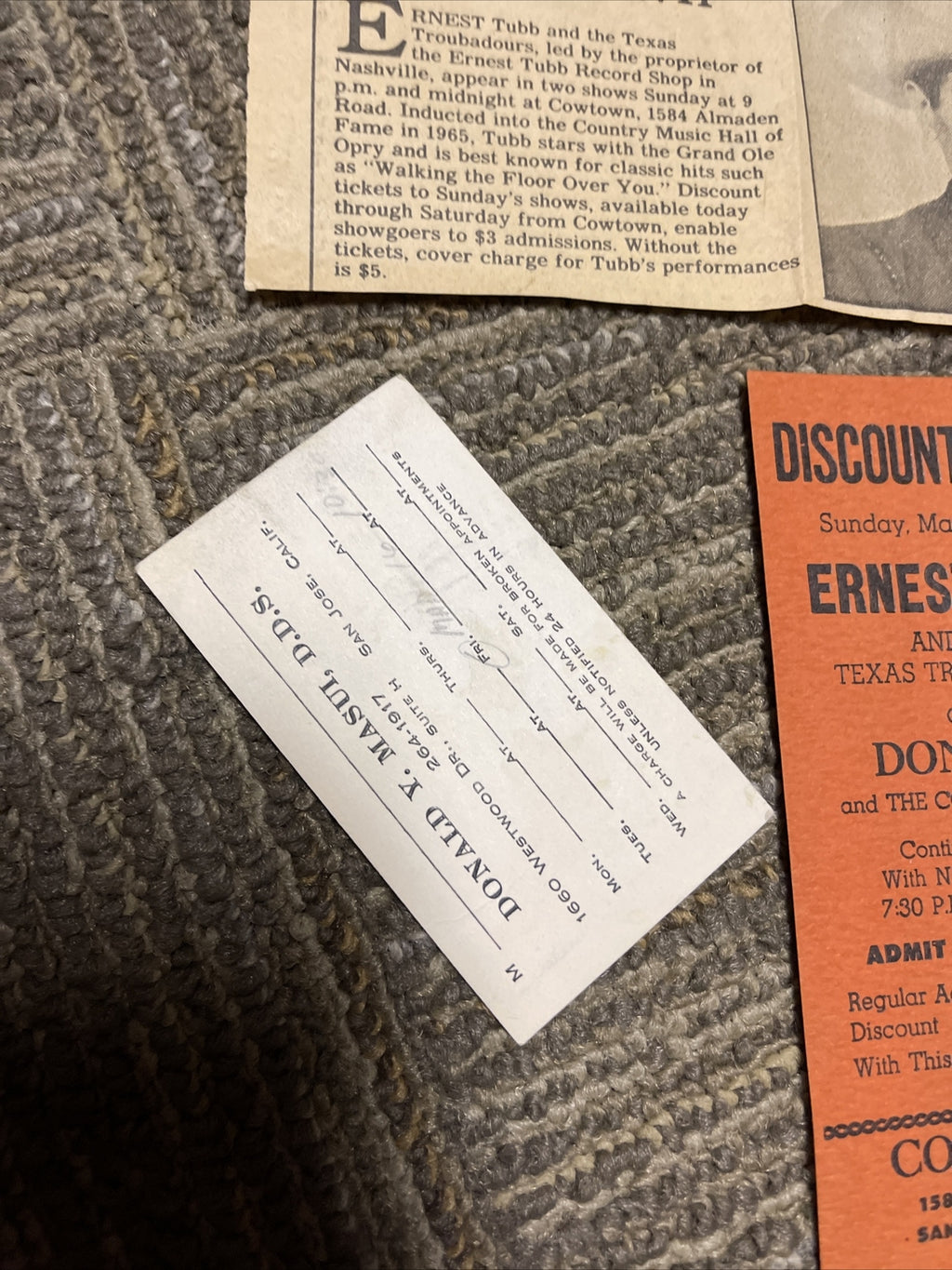 ERNEST TUBB (1921-1991) signed Business Card Cowtown San Jose Ca 19791
