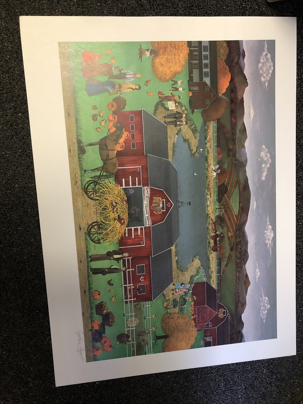 Cynthia Bogart “Harvest Square” hand signed print folk art 28.5”x21”0