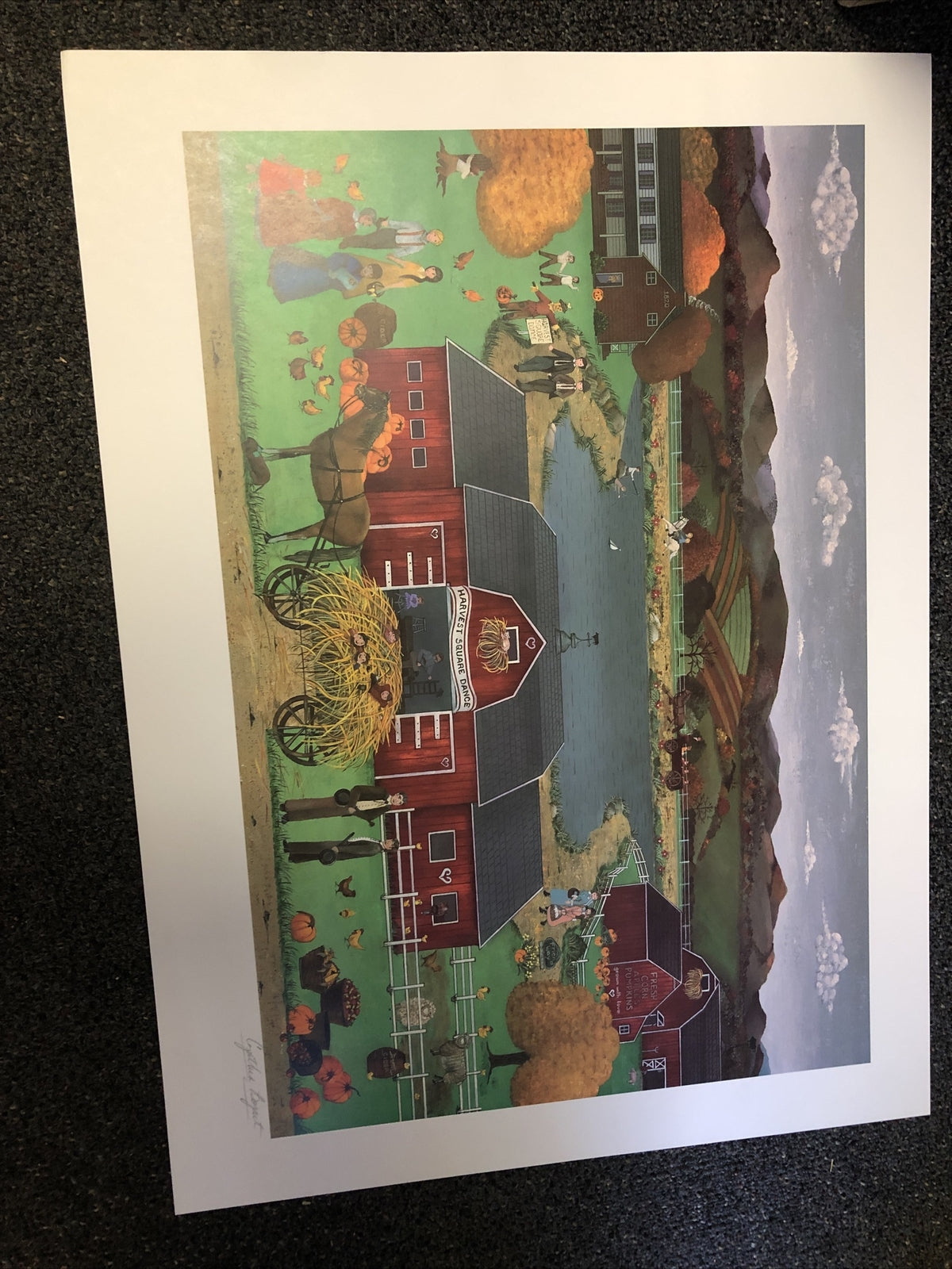 Cynthia Bogart “Harvest Square” hand signed print folk art 28.5”x21”0