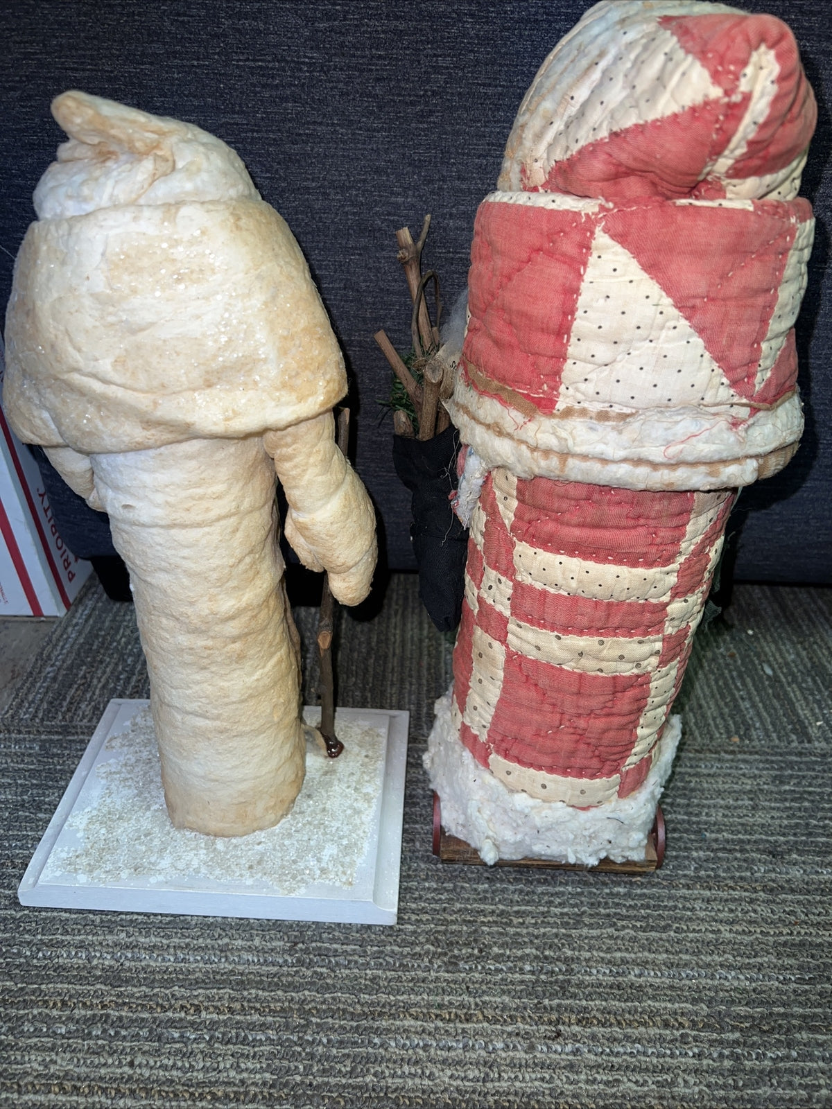 Pair of Vintage Antique Father Christmas Santa Claus Figures Paper Mache 15”3