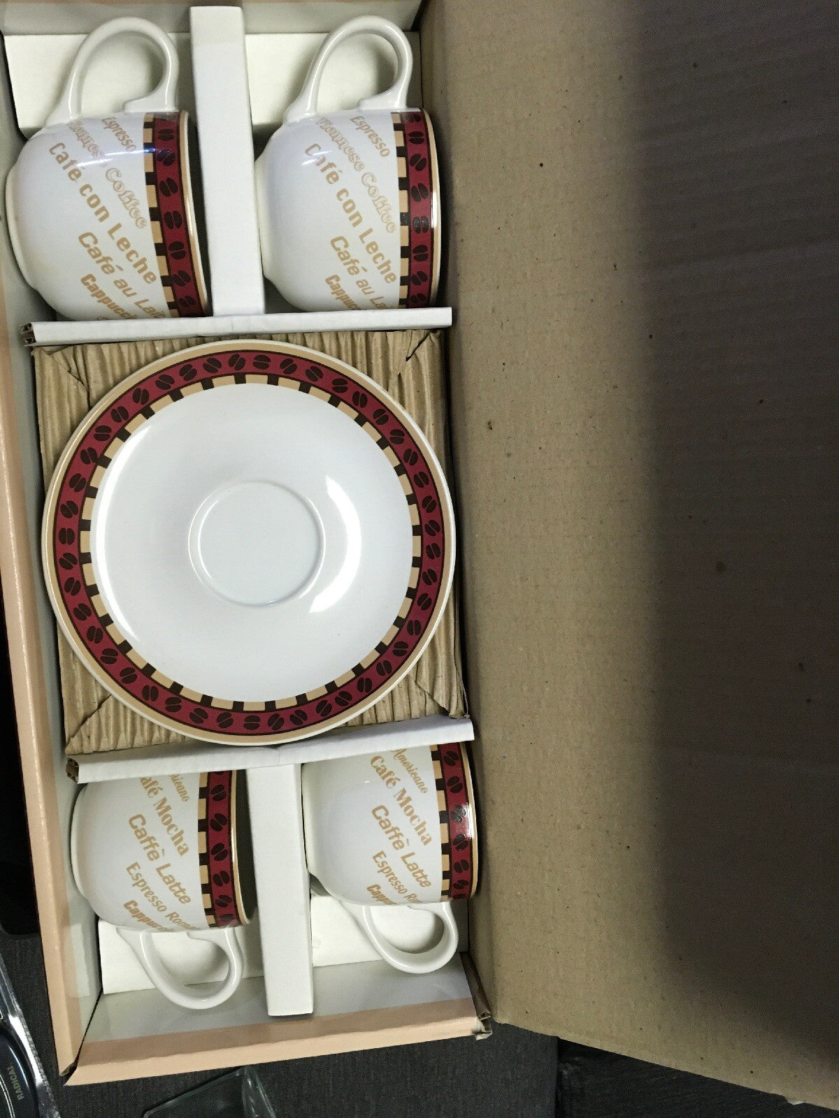 Prestige Cranberry/Gold Trim Service For Four Cappuccino Set By Homeworld NIB1