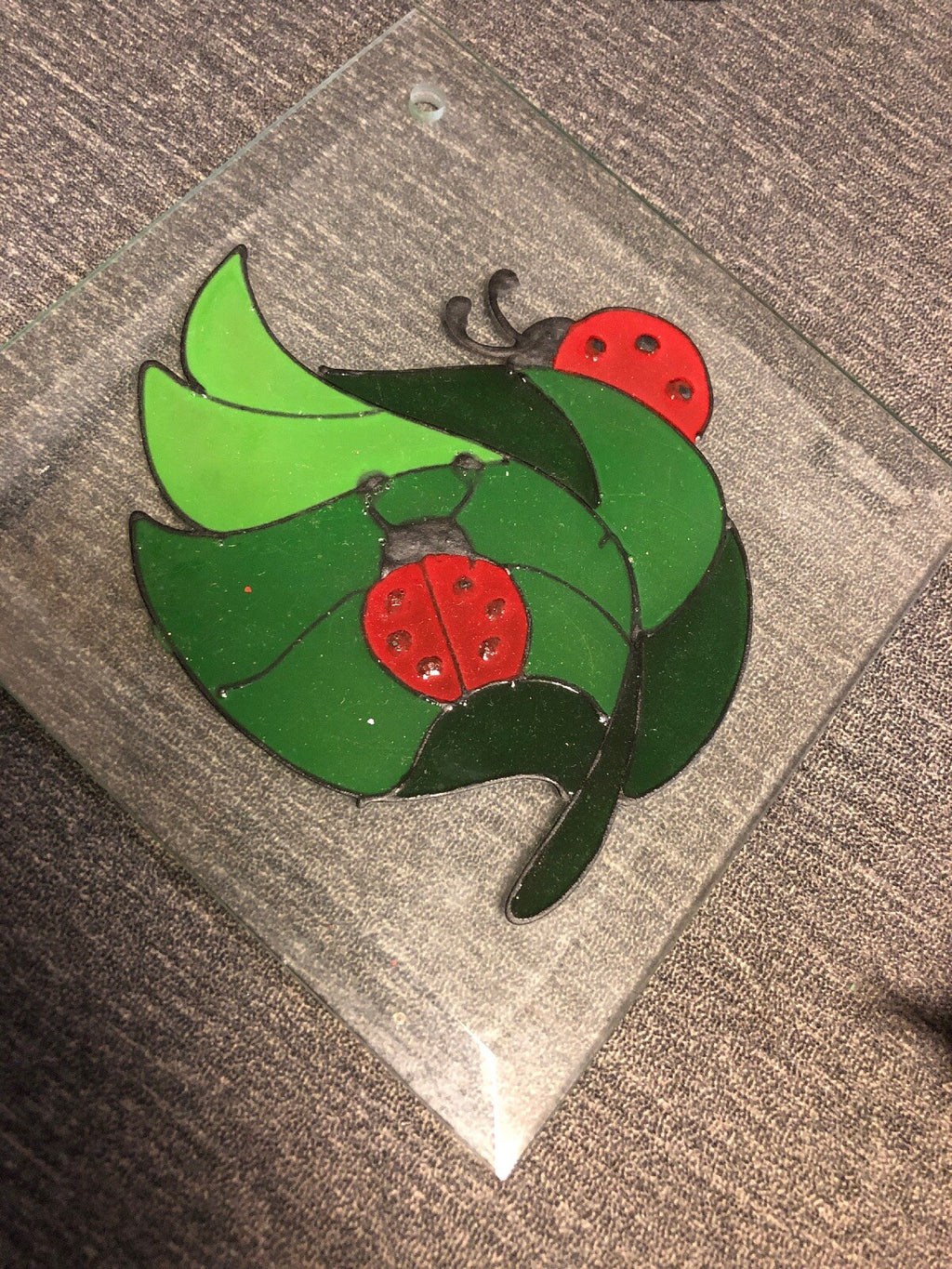 Contemporary Fused Art Glass  Hanging Plaque  Ladybugs 6” x 6”0
