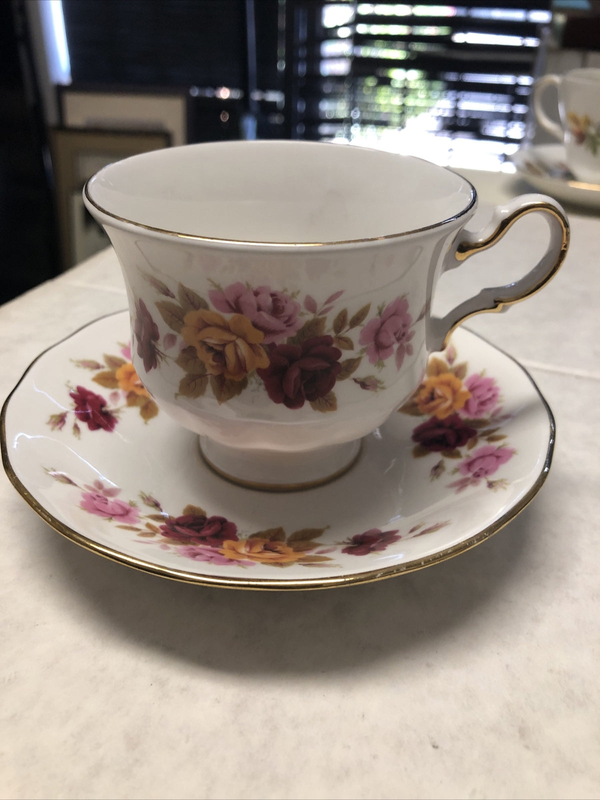 Vintage Queen Anne Pedestal Teacup and Saucer Pink & Red Roses English China0