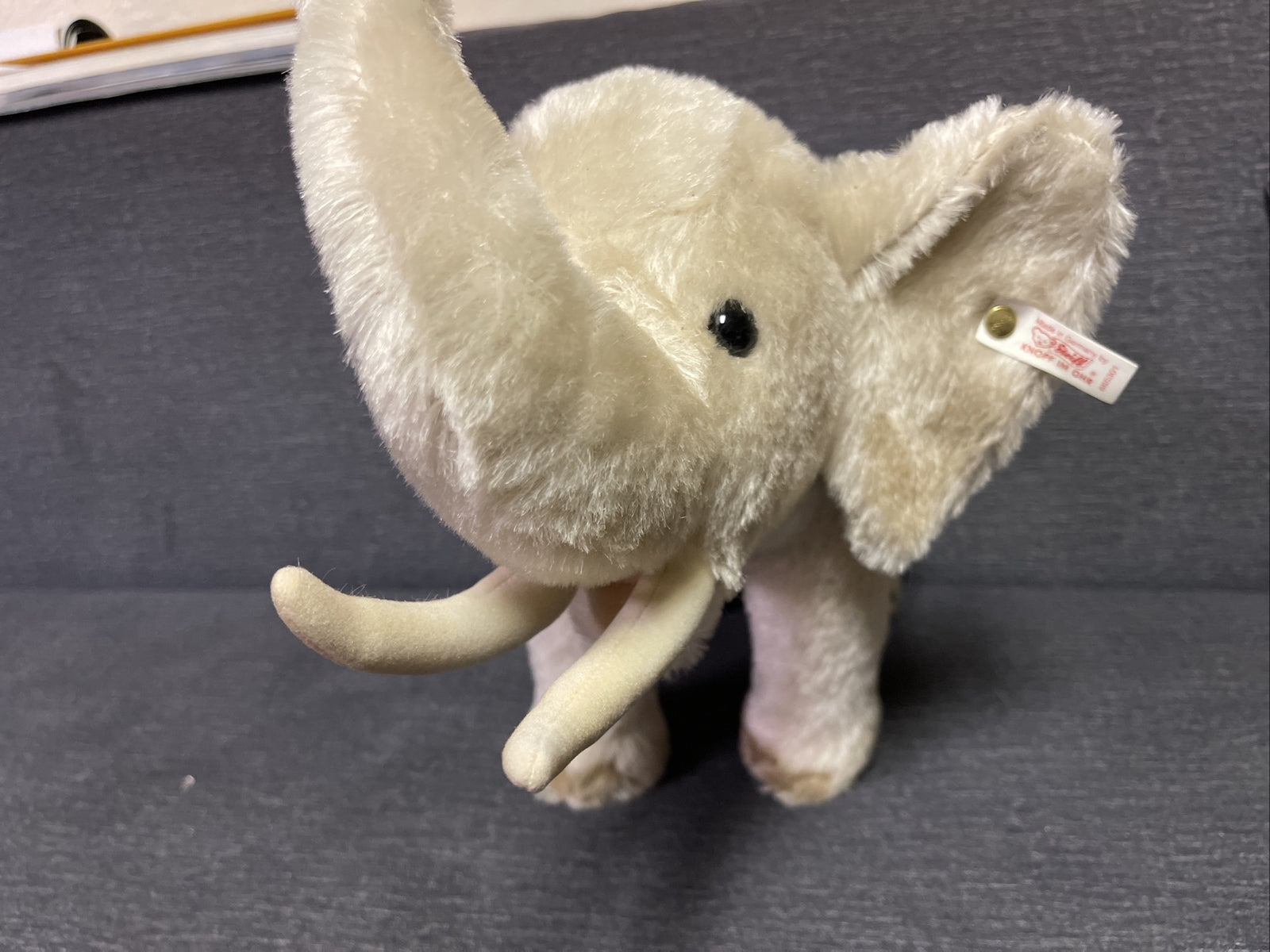 VTG STEIFF Original  White Elephant Germany w/Button Tag RARE Trunk Up1