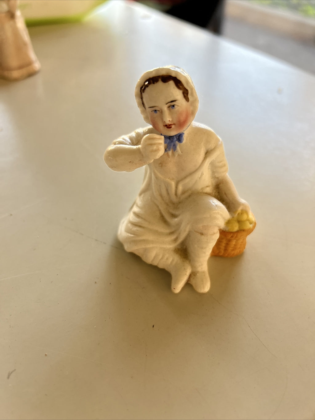 Vintage Bisque Lady in Bonnet with Lemon Basket Picnic Figurine Hand Painted0