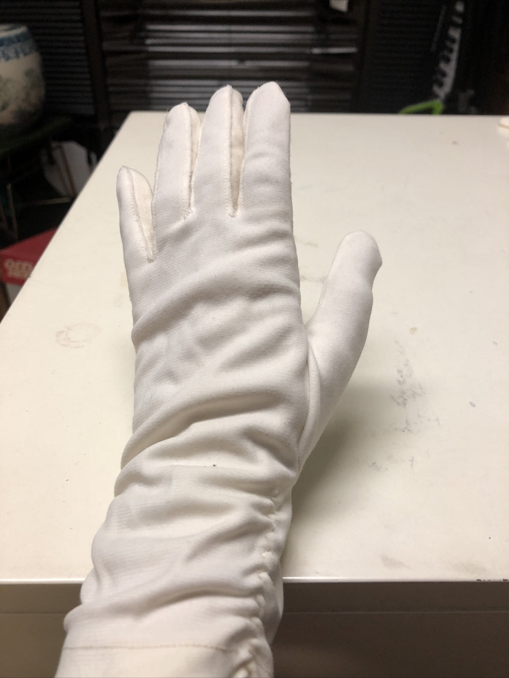 Vintage Ladies Gloves Nylon Size 7 Off White Costume Prop Display Unfinished0