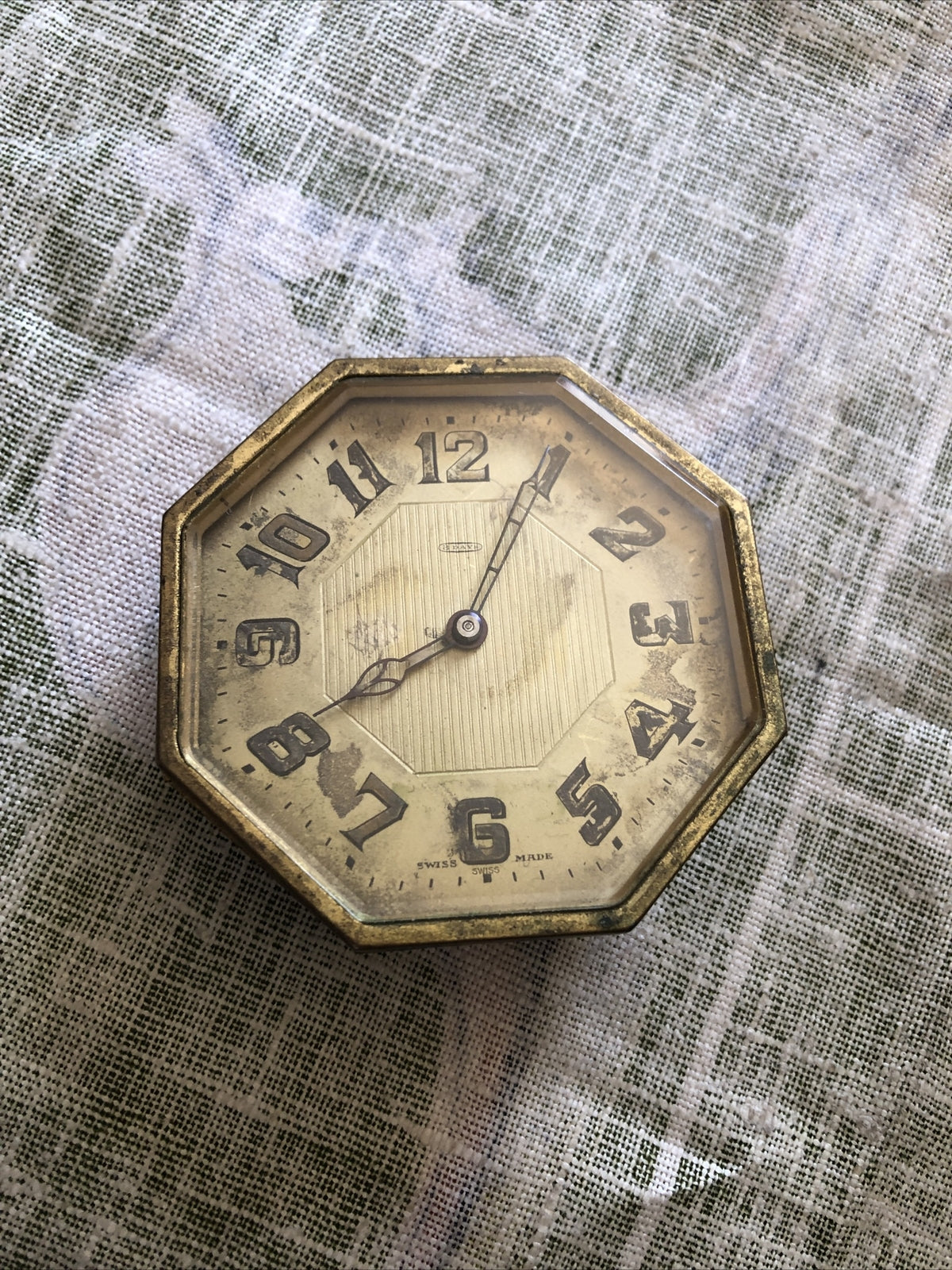 Antique Swiss 8 Days Pocket Watch Clock With Stand Swiss Made 3”x3”1