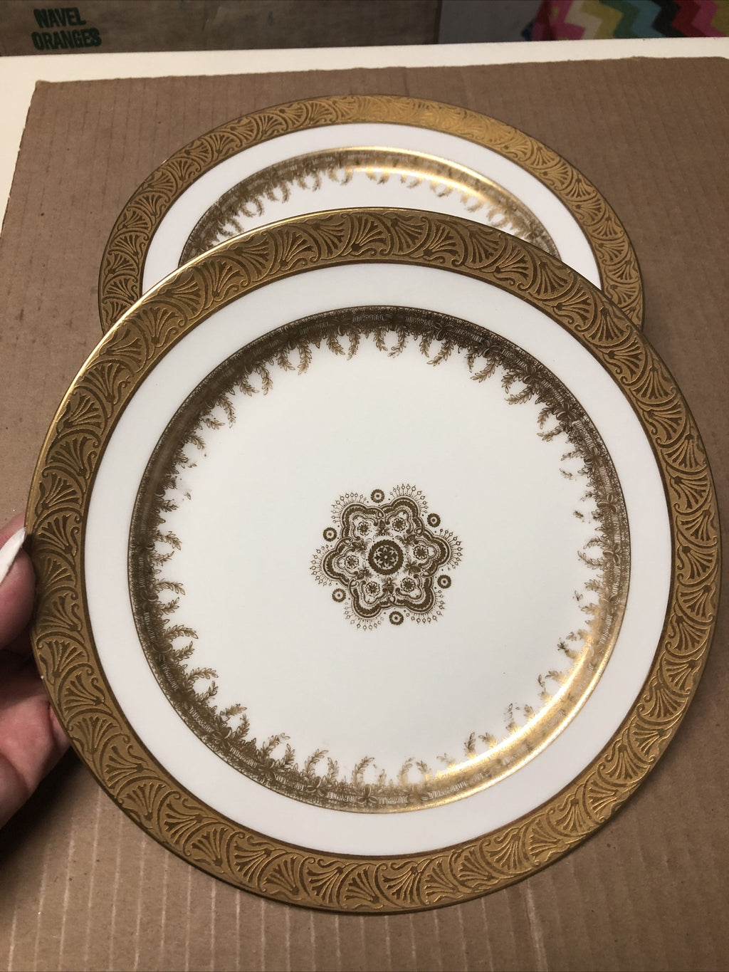 Vintage Lot Of 4 J.P.L. France J. Pouyat Limoges 8.5” SALAD PLATES Gold Design0