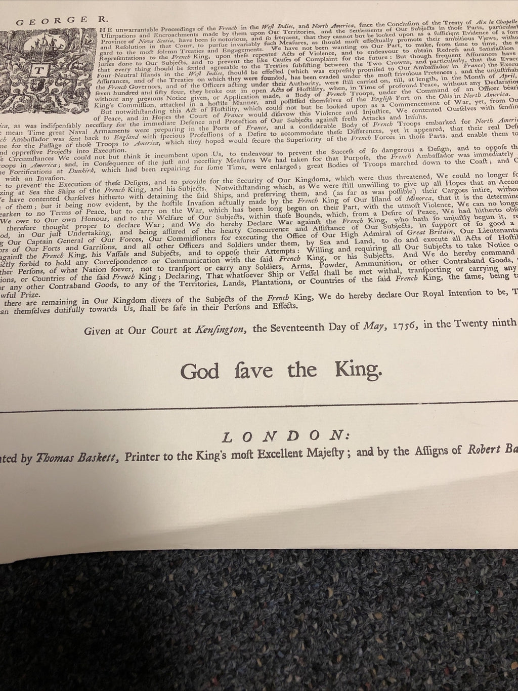 Declaration of War Against The French King Reproduced 21”x16.51