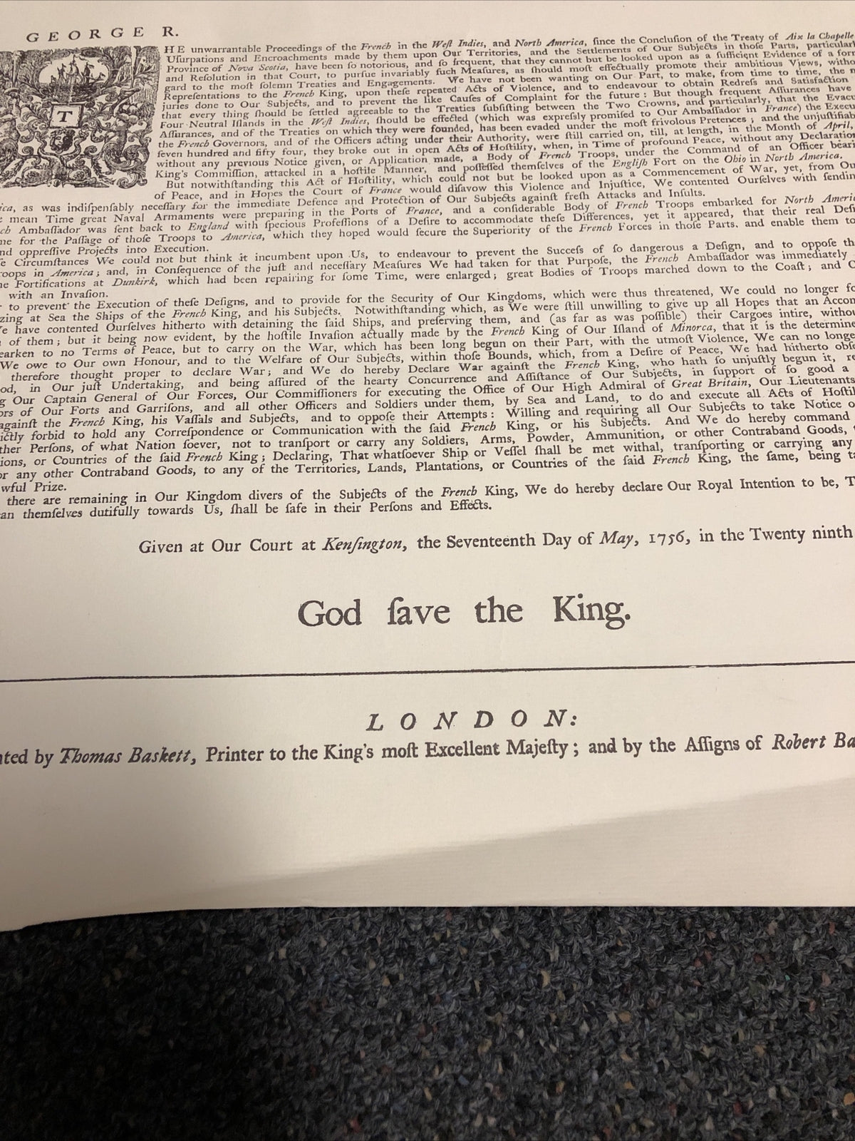 Declaration of War Against The French King Reproduced 21”x16.51