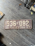 Vintage 1927 California License Plate - Original Maroon & White - YOM Clear0