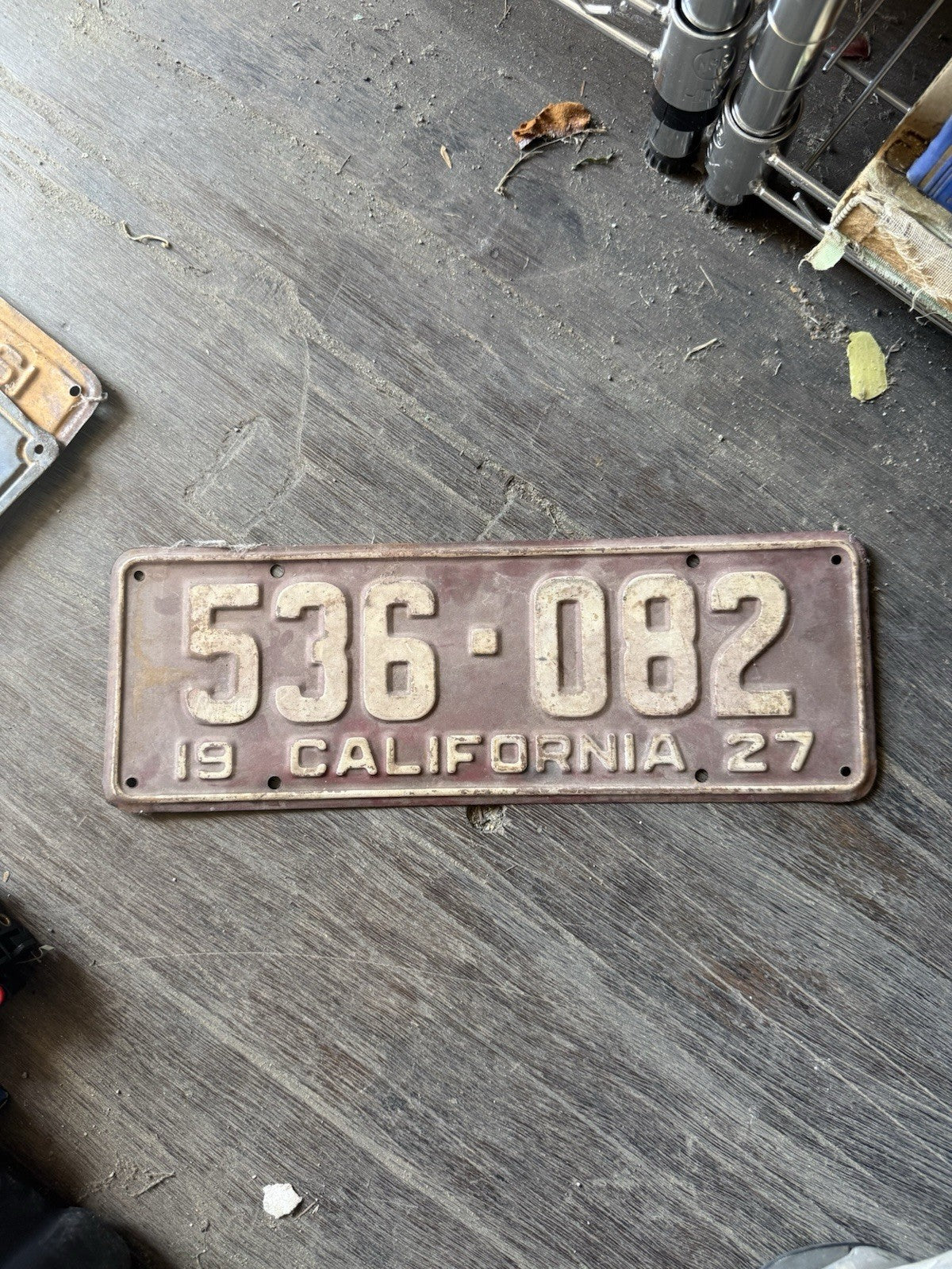 Vintage 1927 California License Plate - Original Maroon & White - YOM Clear0