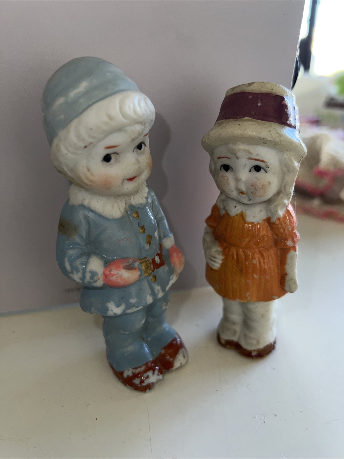 4” Vintage Pair  Boy And Girl Figurines Made In Japan Hand Painted0