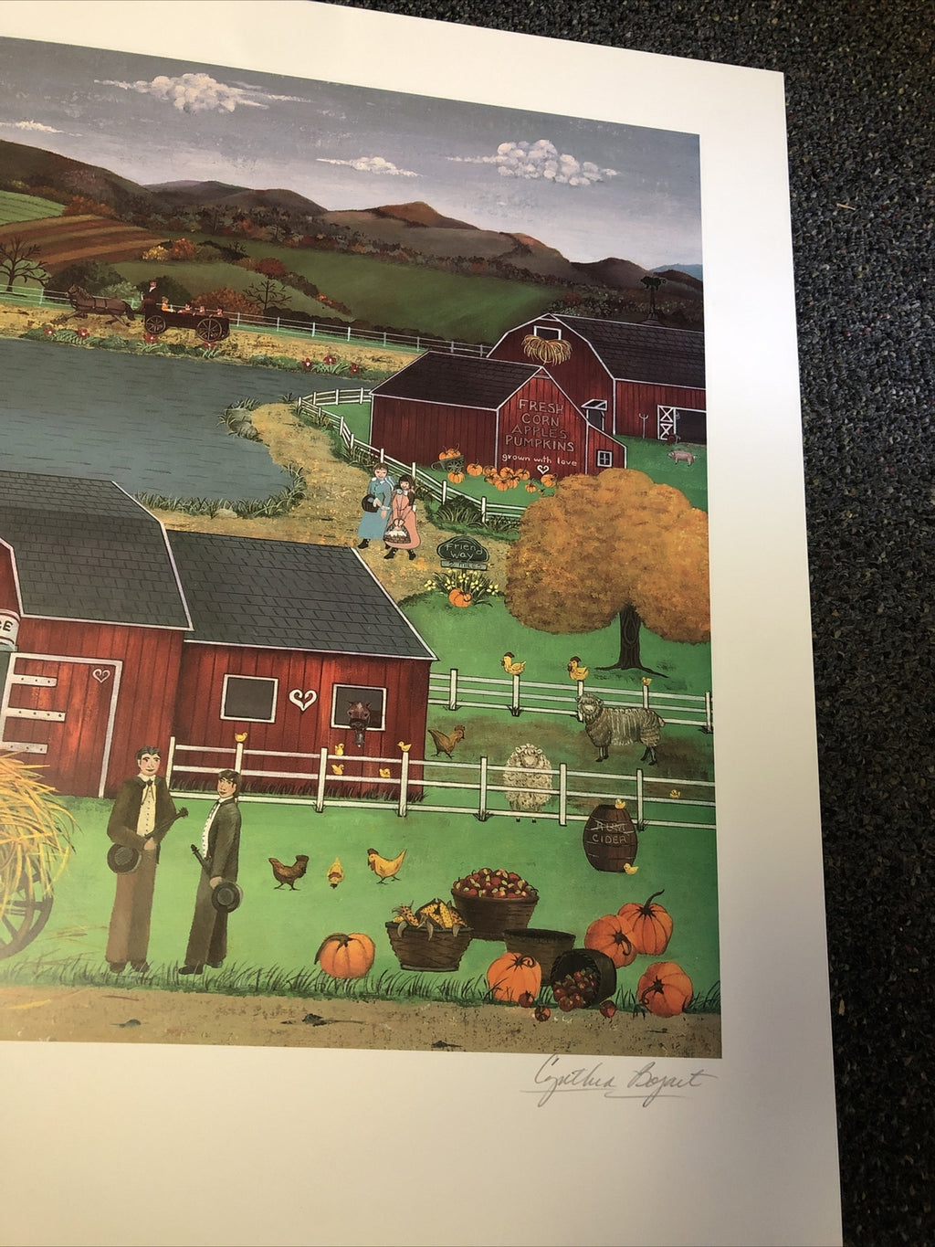 Cynthia Bogart “Harvest Square” hand signed print folk art 28.5”x21”2