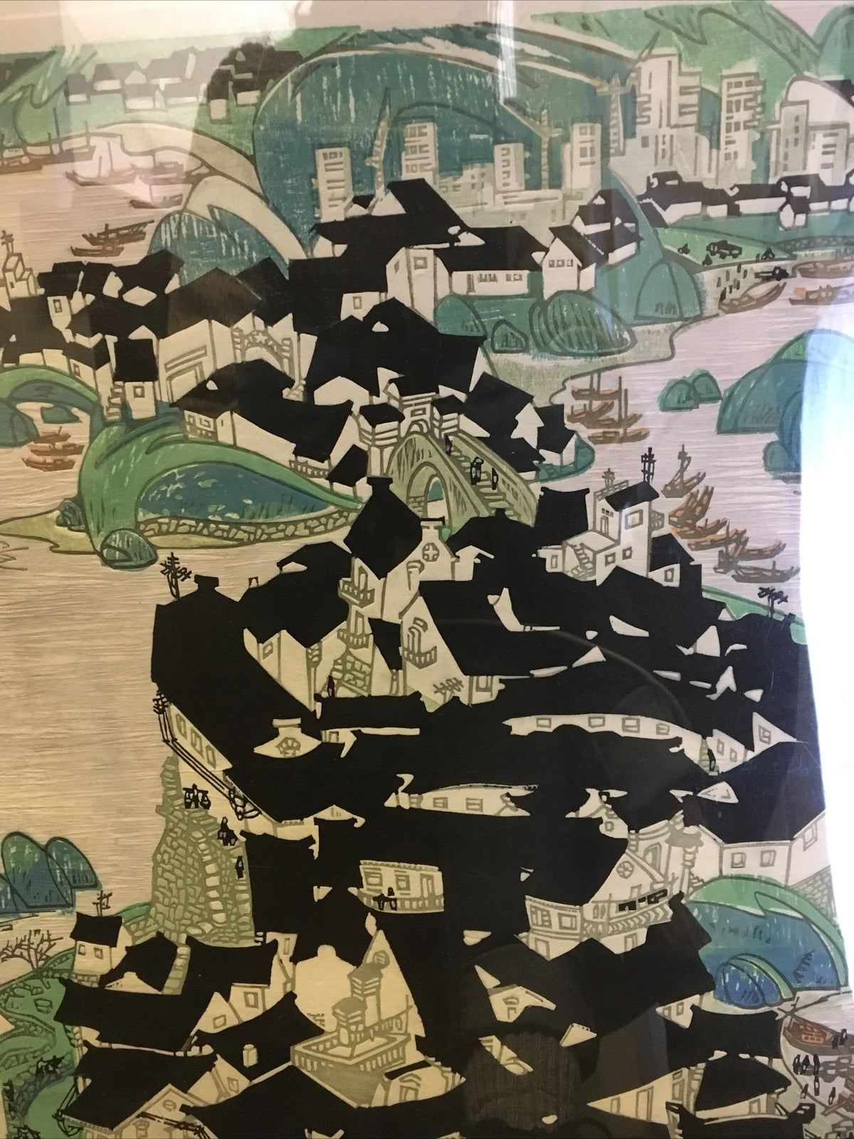 Antique Japanese Woodblock Big Print Signed 1967 Beautiful Colors Town Asian0