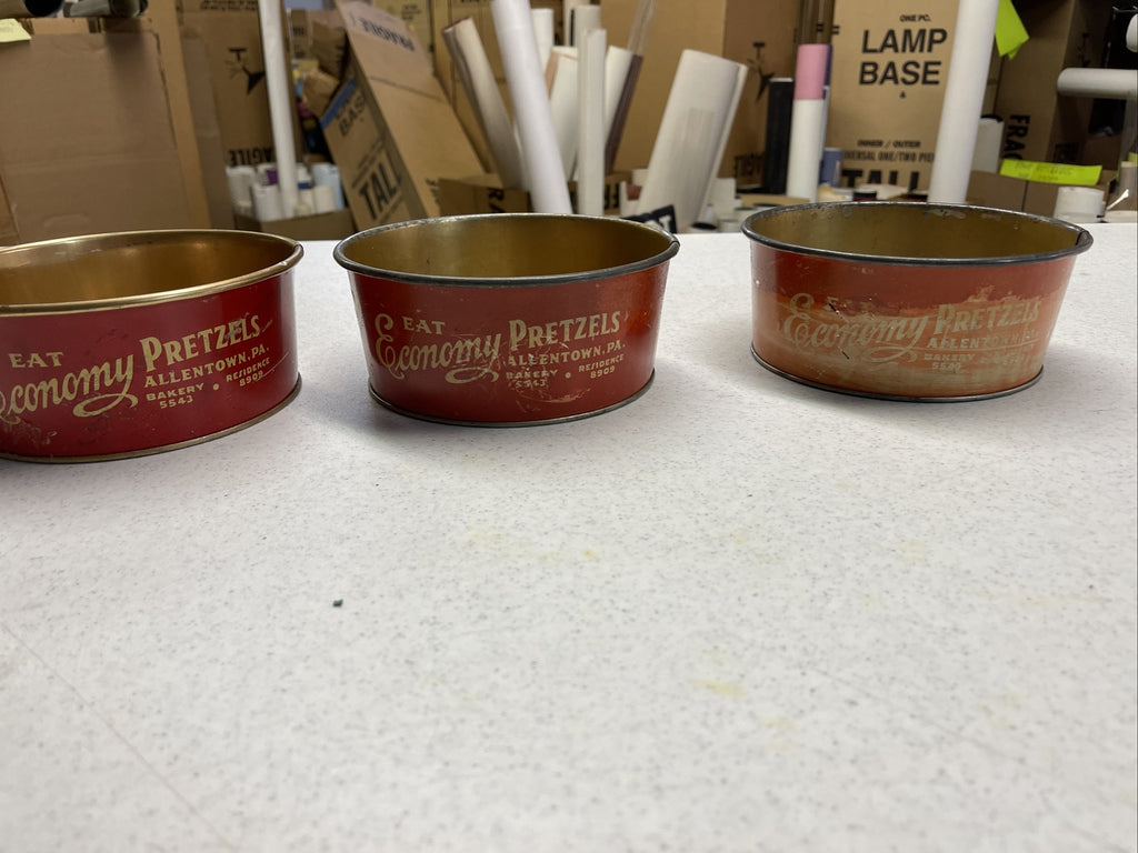 Vintage Advertising Tin Economy Pretzel Bowl Lot Of 3 1940s Allentown PA  7” Dia7