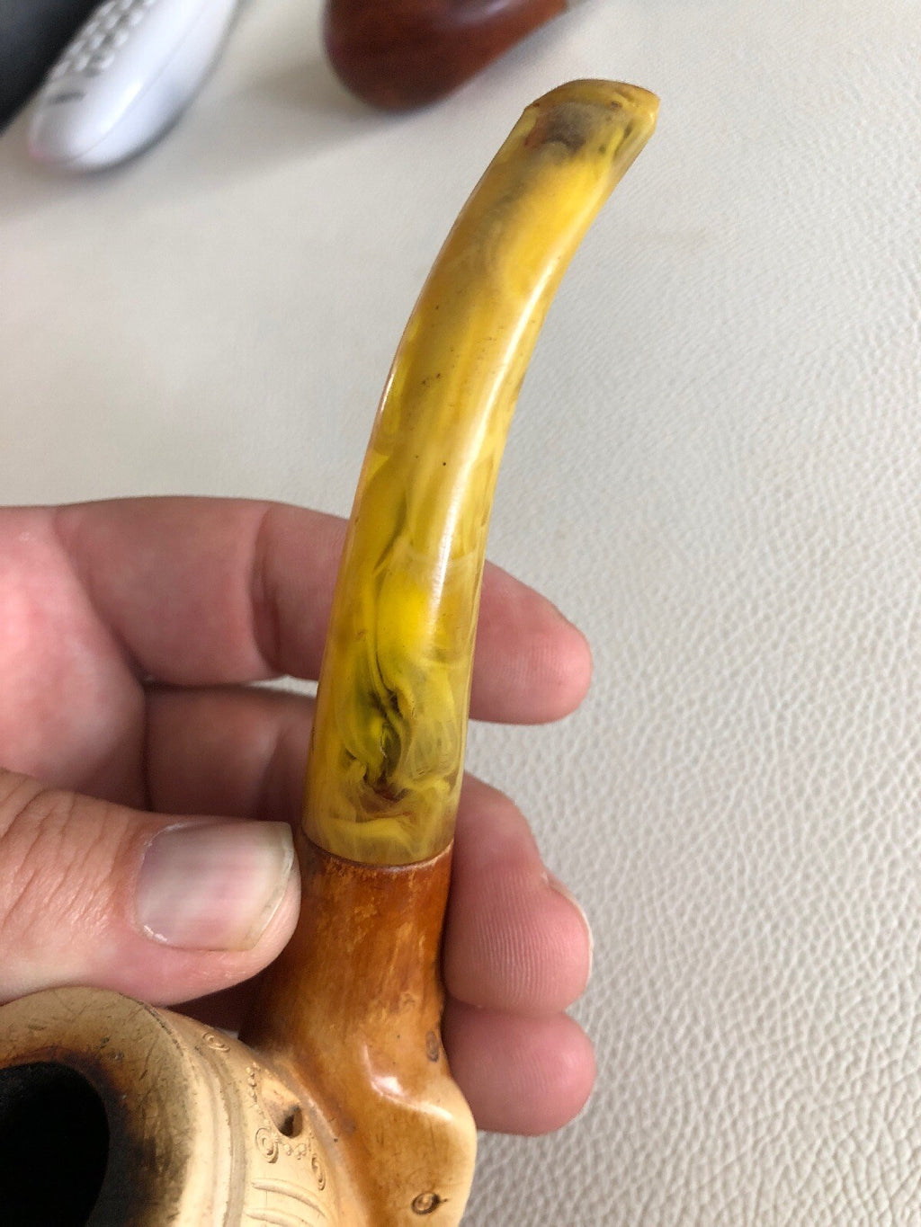 Antique Carved Figural Sultan Meerschaum Pipe High Detail Egg Yolk Stem10