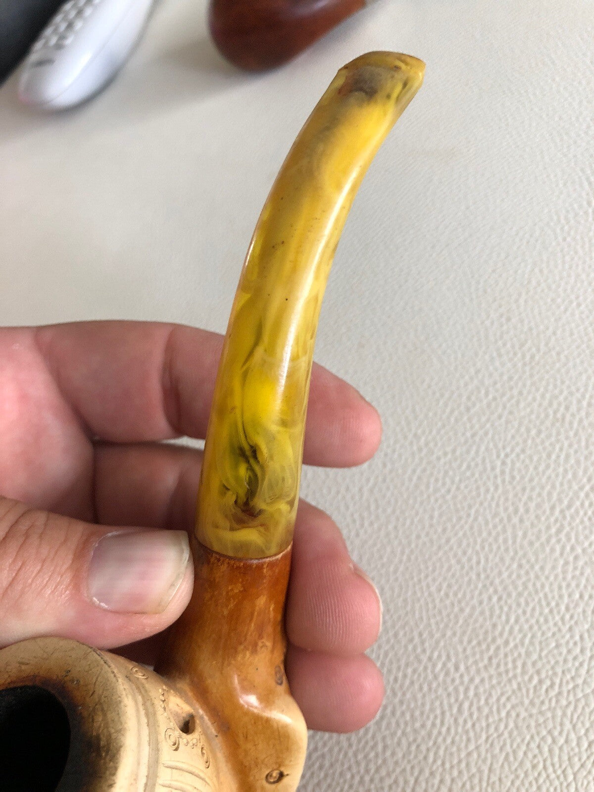 Antique Carved Figural Sultan Meerschaum Pipe High Detail Egg Yolk Stem10