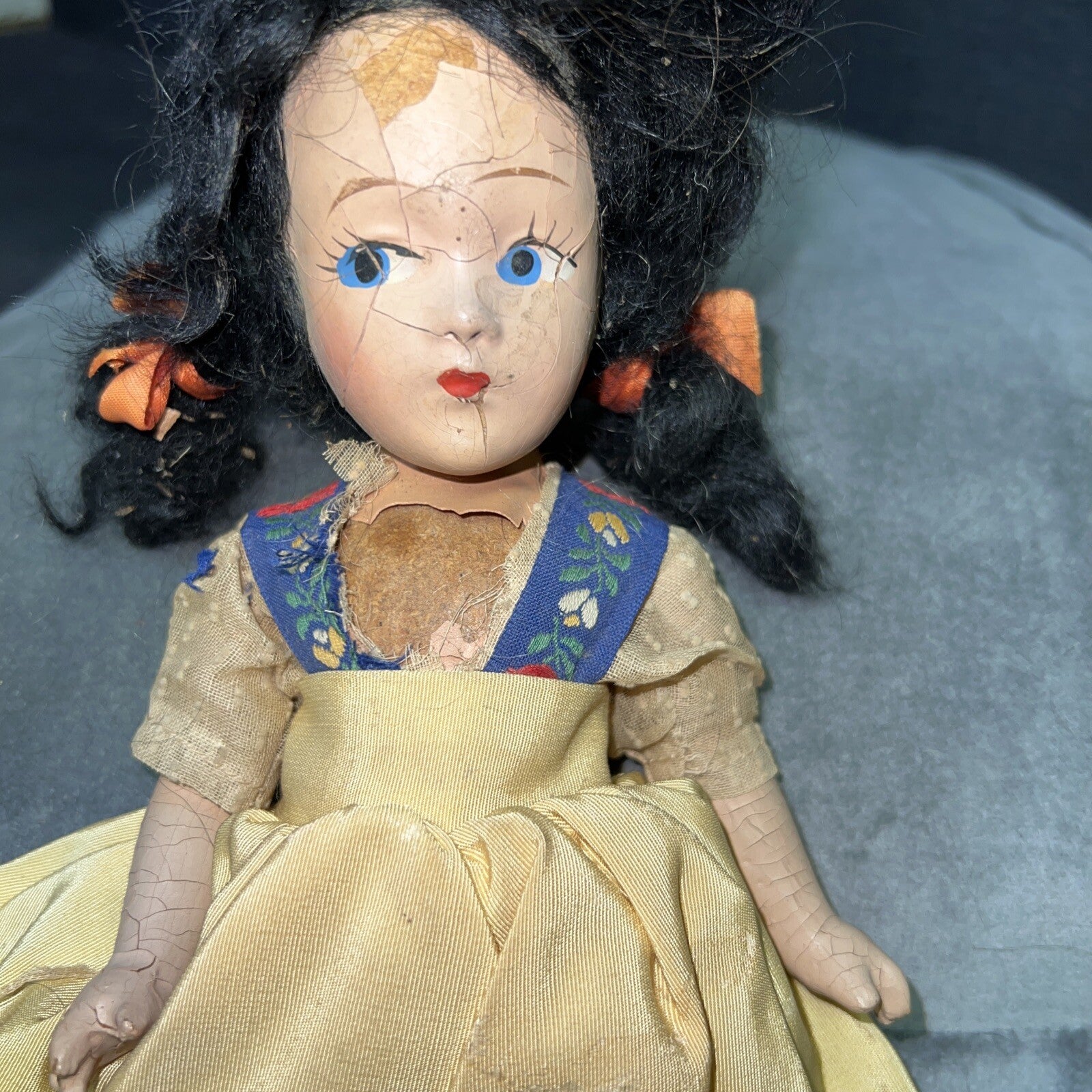 Vintage Antique Composition Paper? Doll Old Look Yellow Dress 11” Maker Unknown1