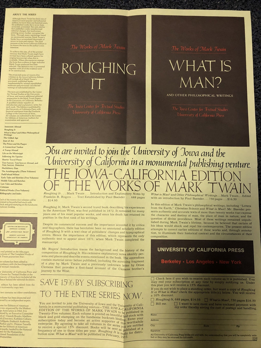 Rare Poster MARK TWAIN Iowa-California Publishing 1973 Berkeley Los Angeles NY3