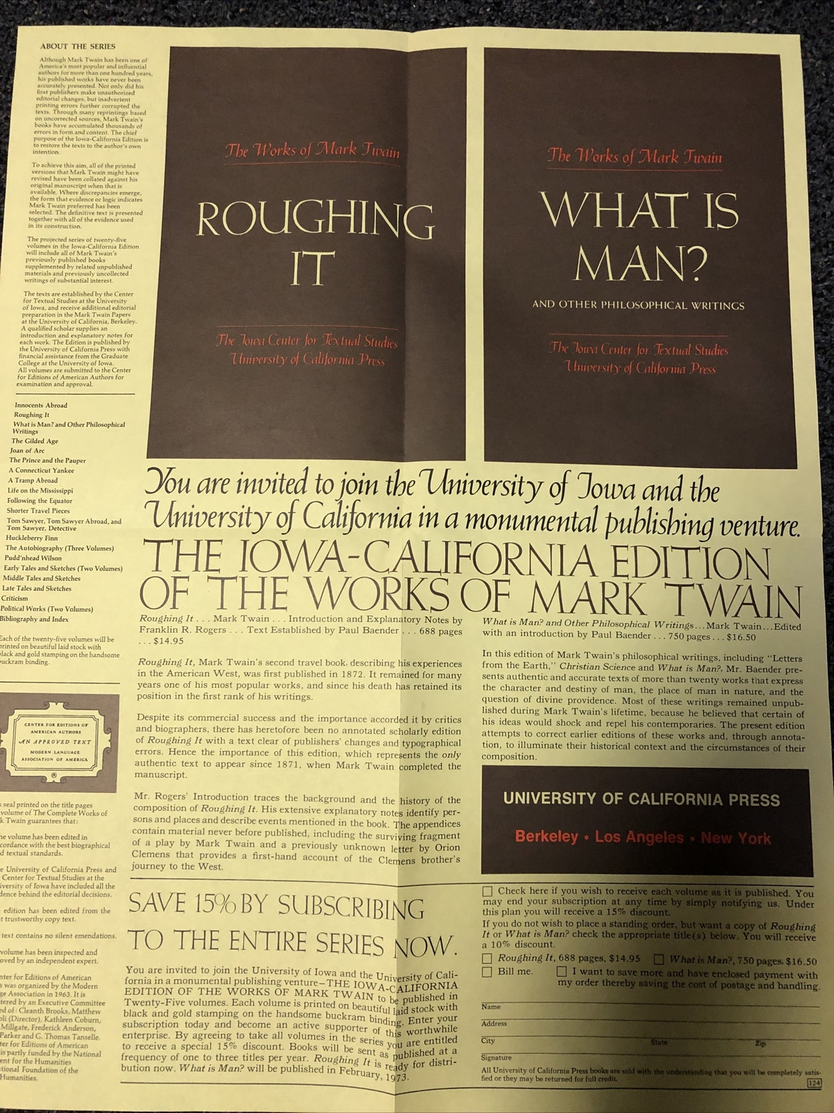 Rare Poster MARK TWAIN Iowa-California Publishing 1973 Berkeley Los Angeles NY3