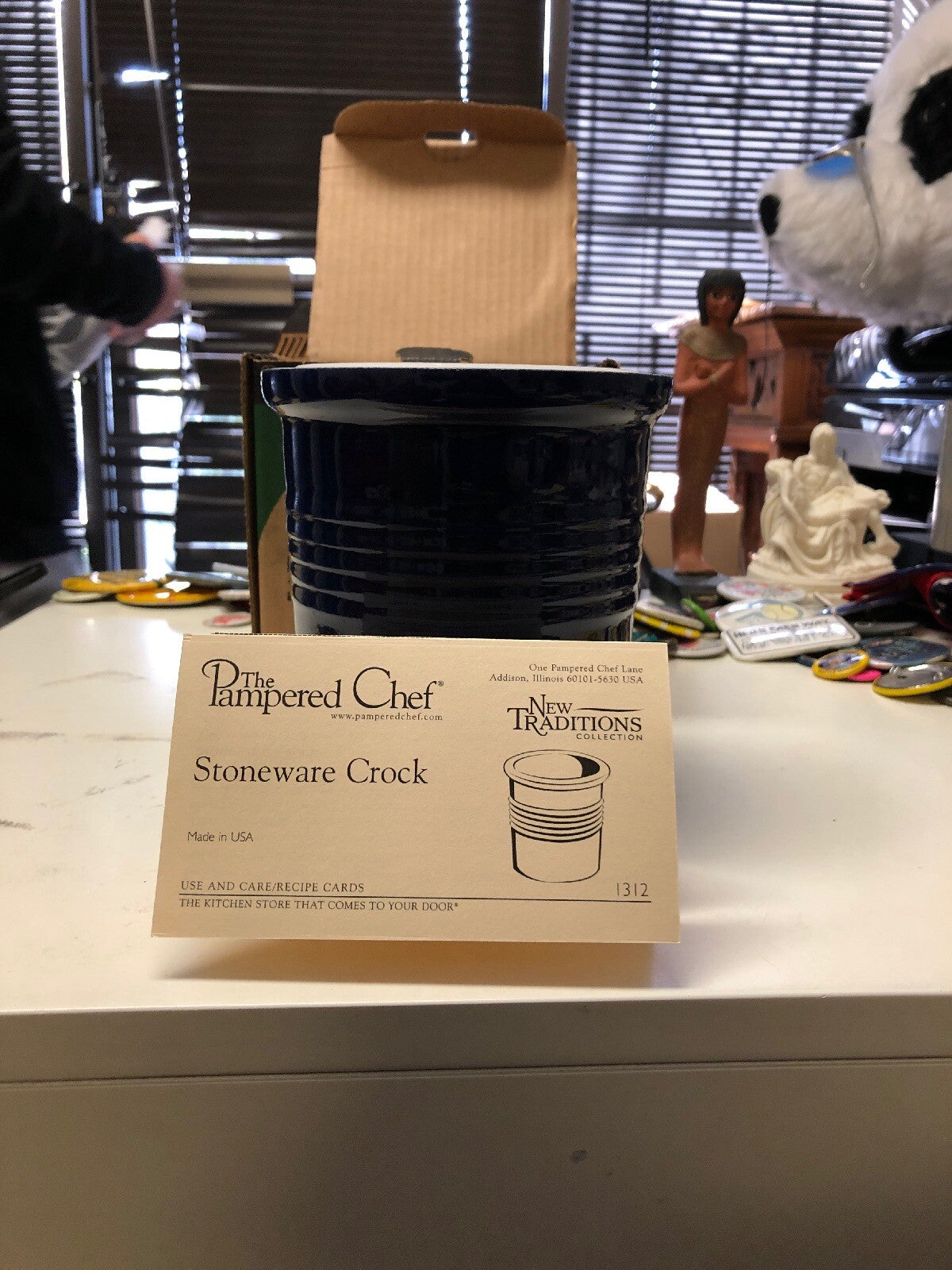The Pampered Chef Stoneware Bread Crock #1312 Utensil Holder - Cobalt Blue0