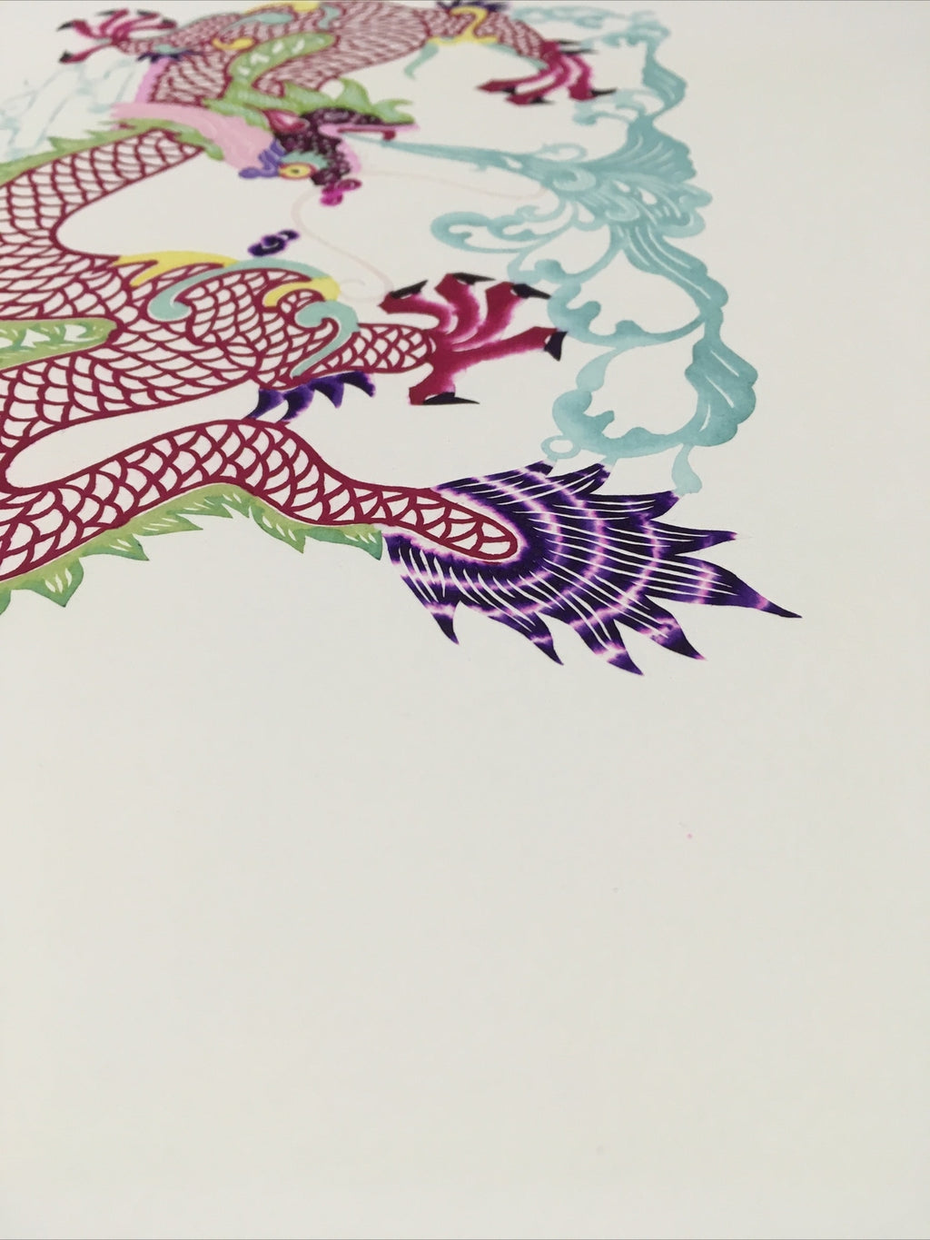 Antique Asian Chinese paper cut detailed Hand Colored Dragon/Long Blue Fire5