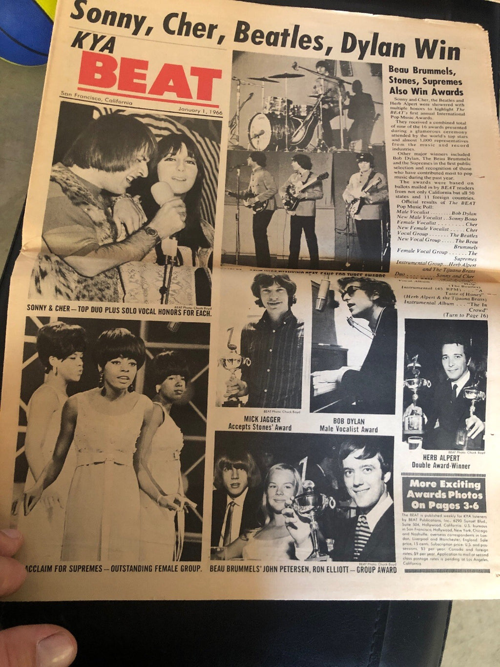 ULTRA RARE 1966 BEATLES Dylan KYA Radio NEWSPAPER San Francisco 1st POP Awards1