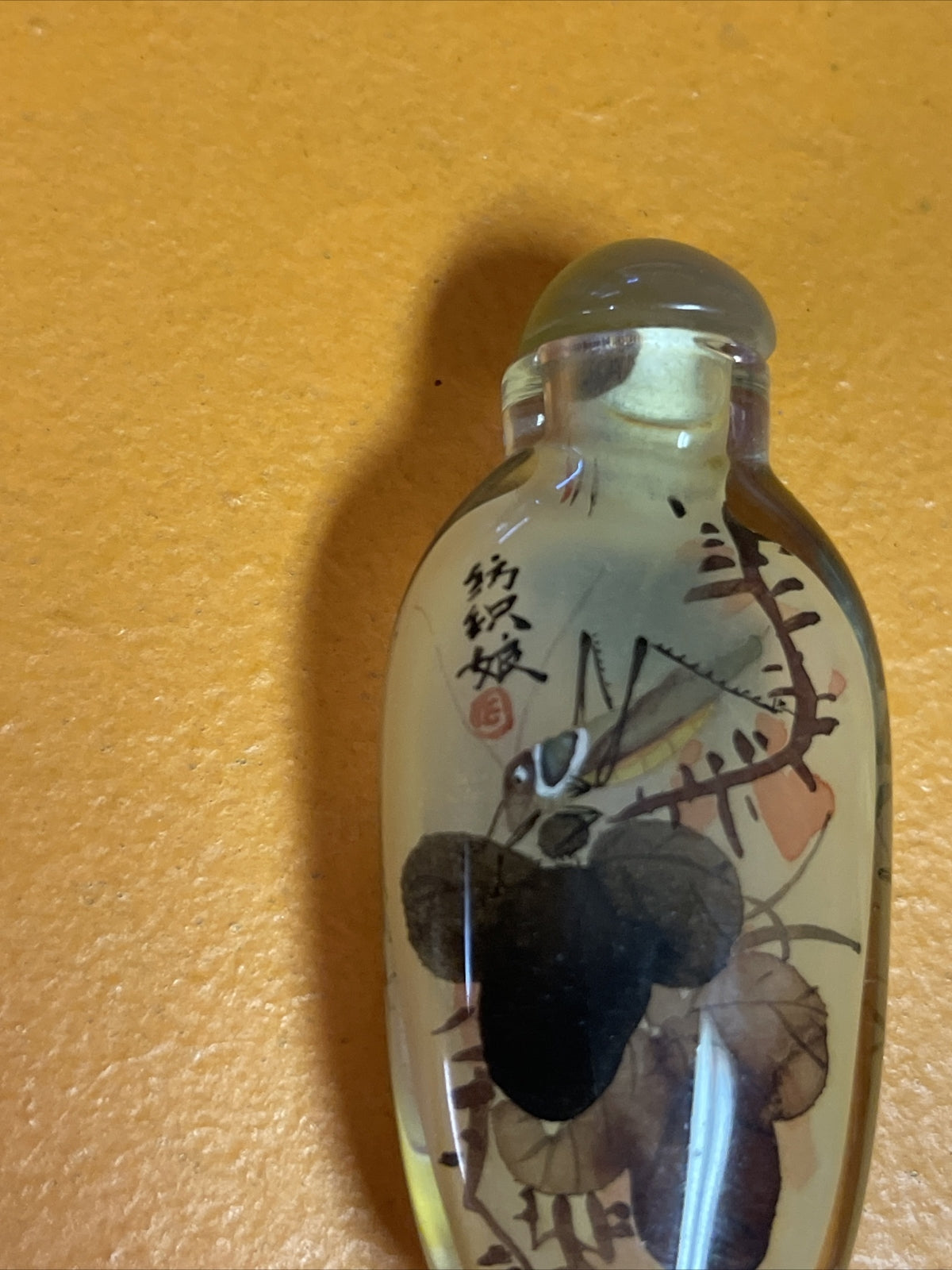 ~ Vintage Inside Reverse Painted Chinese Snuff Bottle grasshopper Signed1