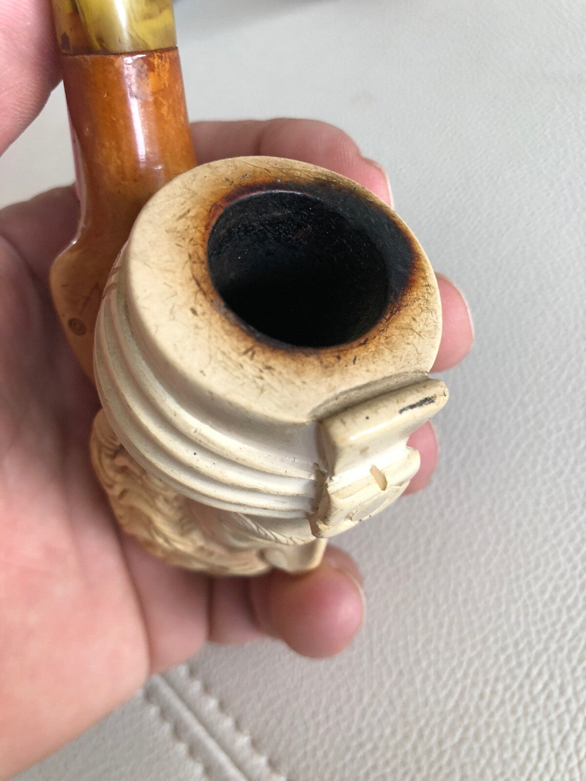 Antique Carved Figural Sultan Meerschaum Pipe High Detail Egg Yolk Stem7