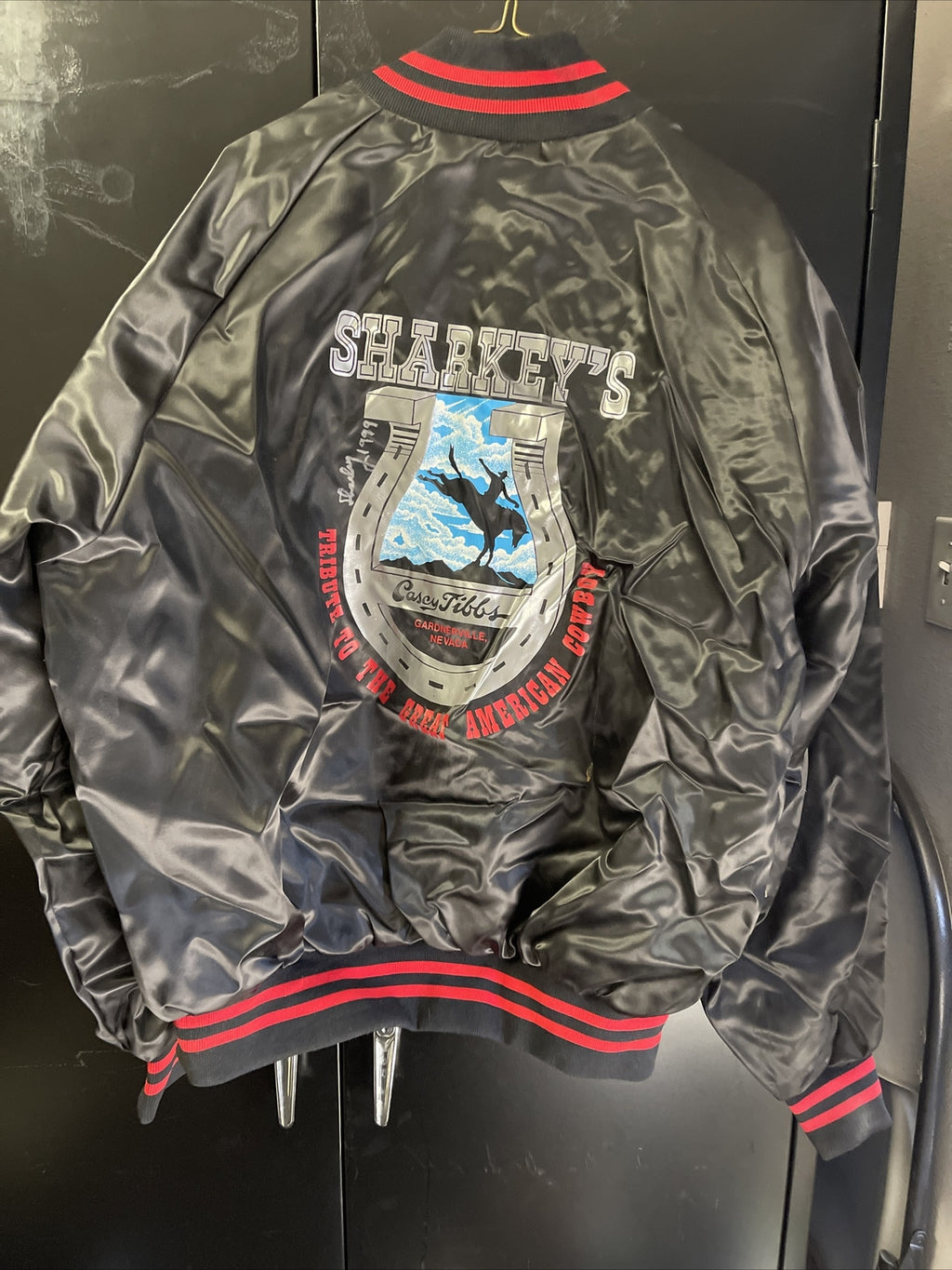 Vintage 1980s Sharkey’s Casino Nevada Casey Tibbs Rodeo Satin Jacket Signed XL4