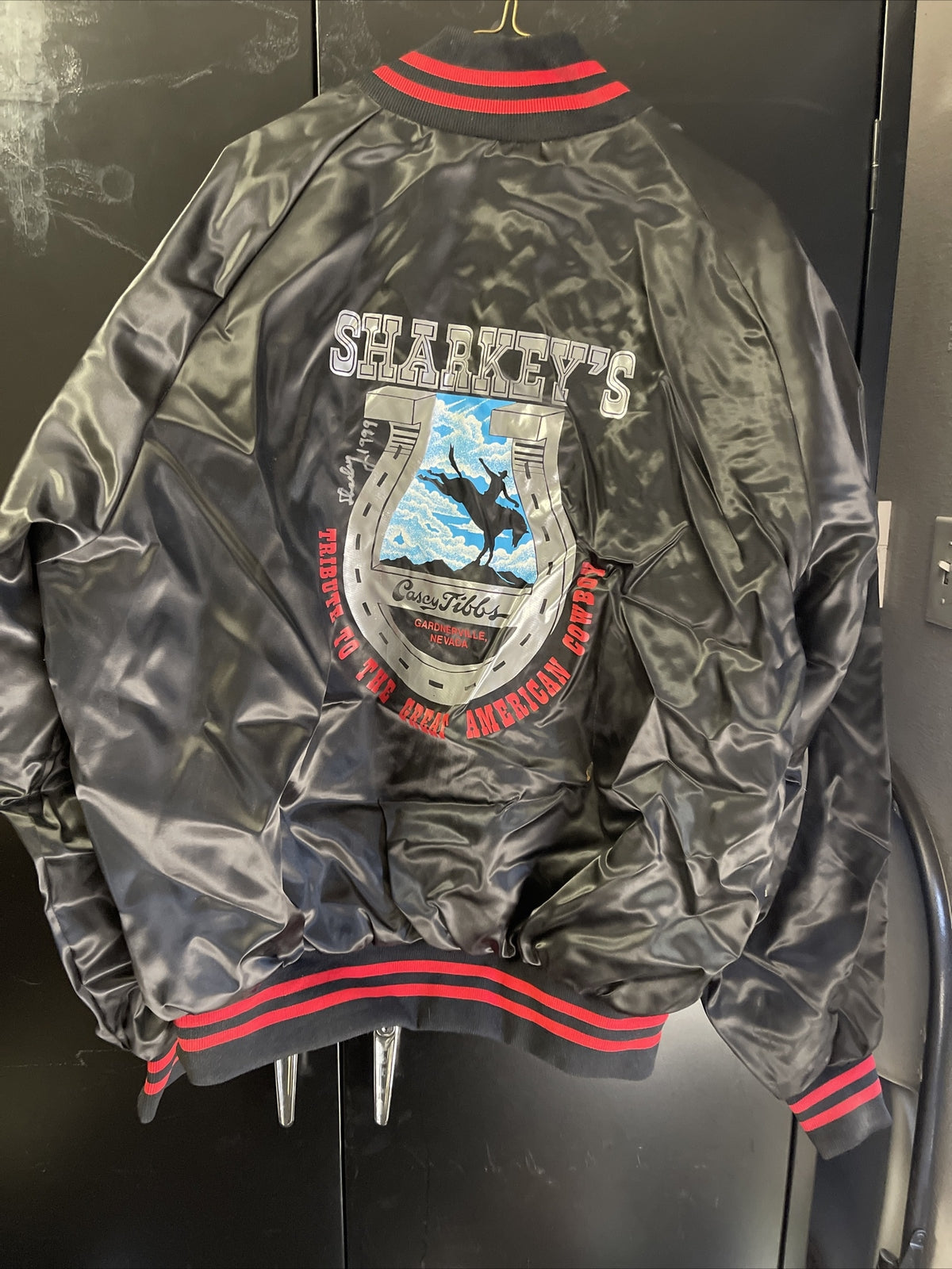 Vintage 1980s Sharkey’s Casino Nevada Casey Tibbs Rodeo Satin Jacket Signed XL4