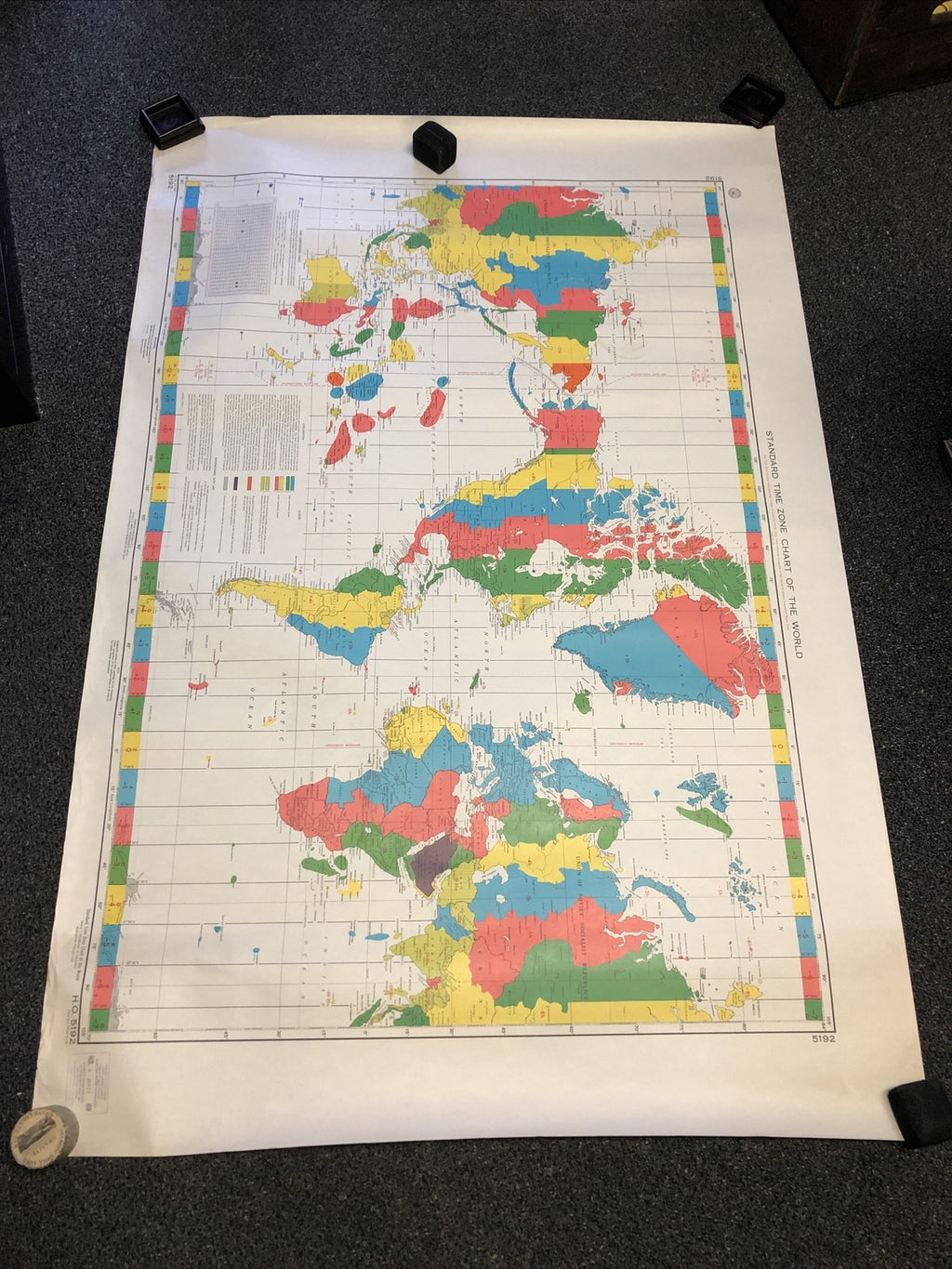 Vintage 1968 Standard Time Zone Chart Of The World Poster 54”x36”0