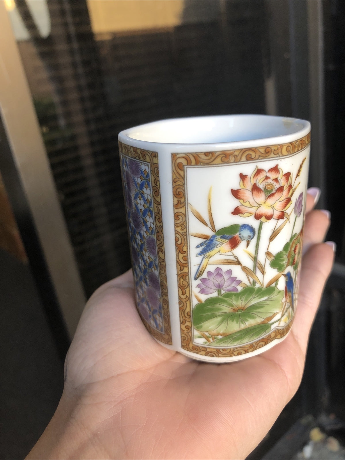 Vintage Japanese Sake / Tea Cup Blue Birds Flowers1