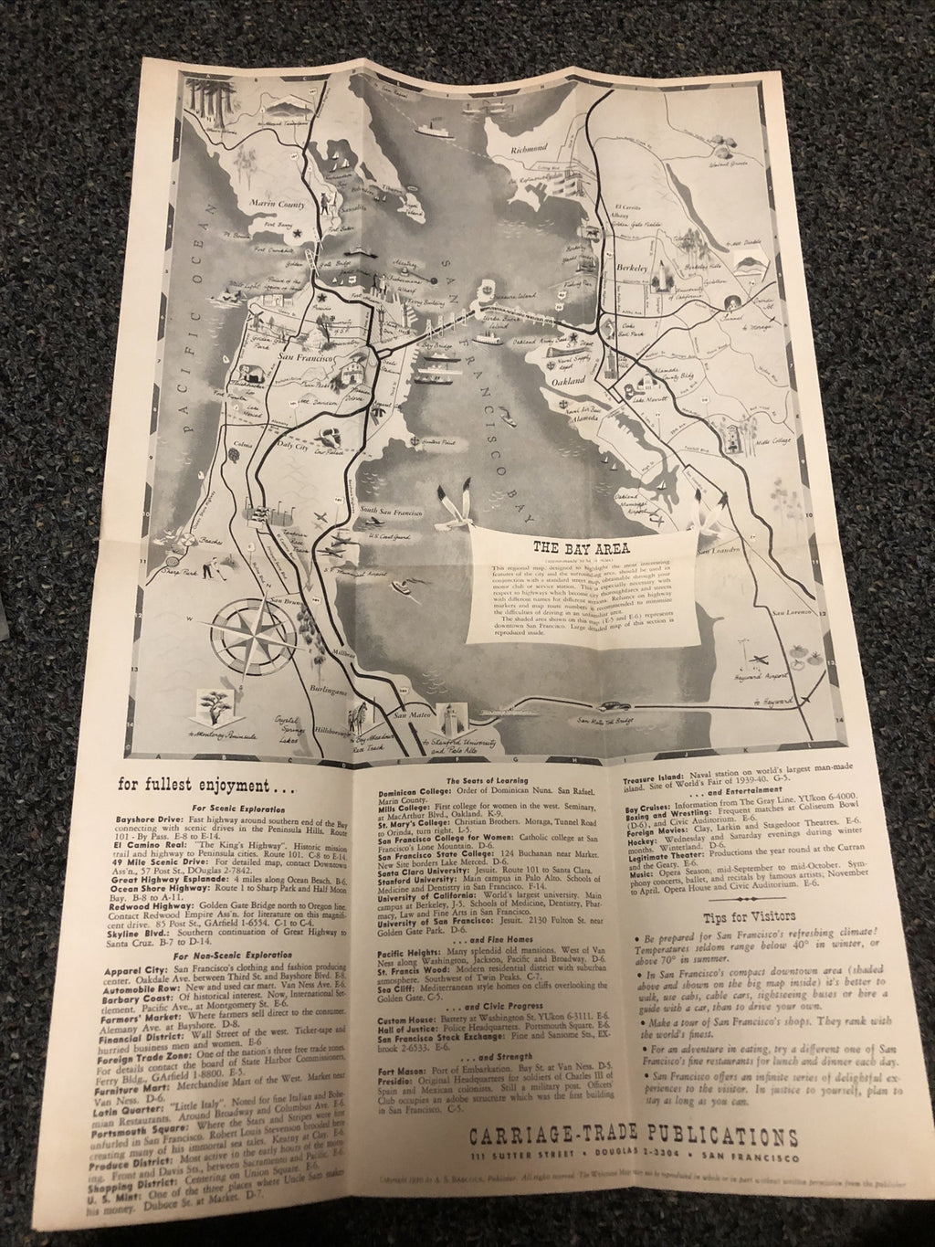 Rare CALIFORNIA SAN FRANCISCO / Welcome Map to San Francisco and Bay Area 19503