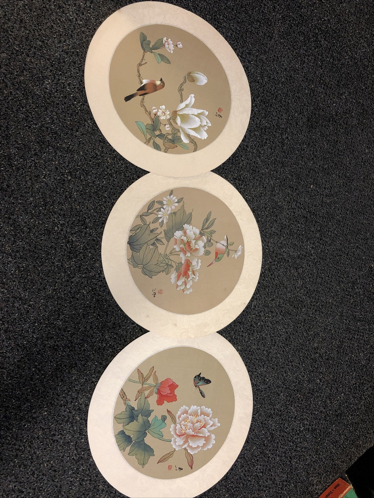Vintage Lot Of 3 Chinese Silk Paintings Birds Floral 12”0