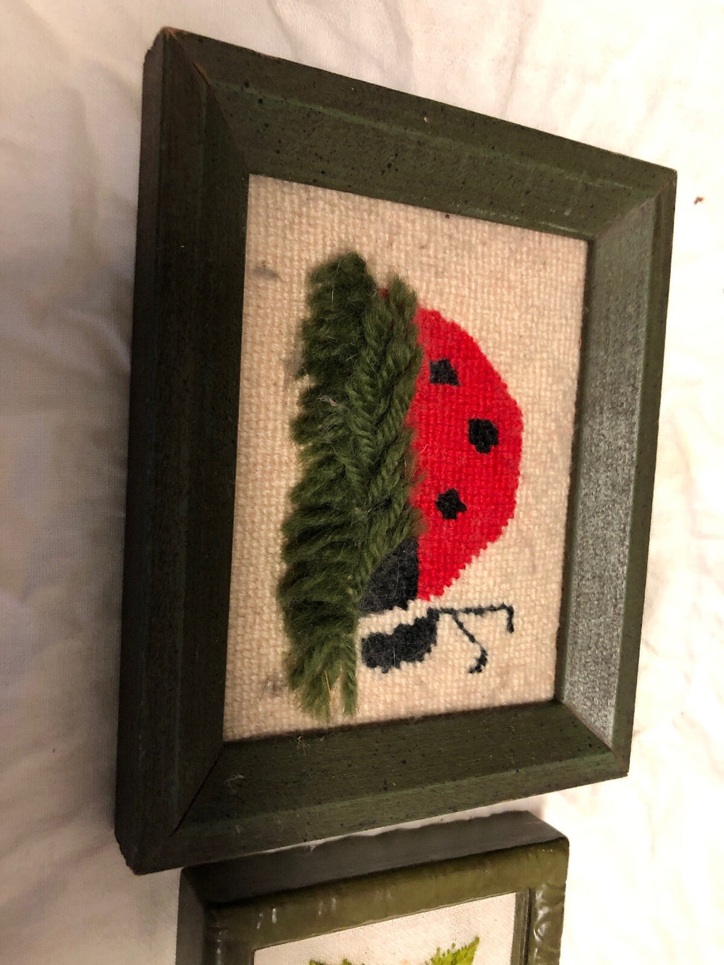 Vintage Hand Crochet Ladybug - Framed Wall Hanging Picture 3.5”x4” & Art 6”x5”0