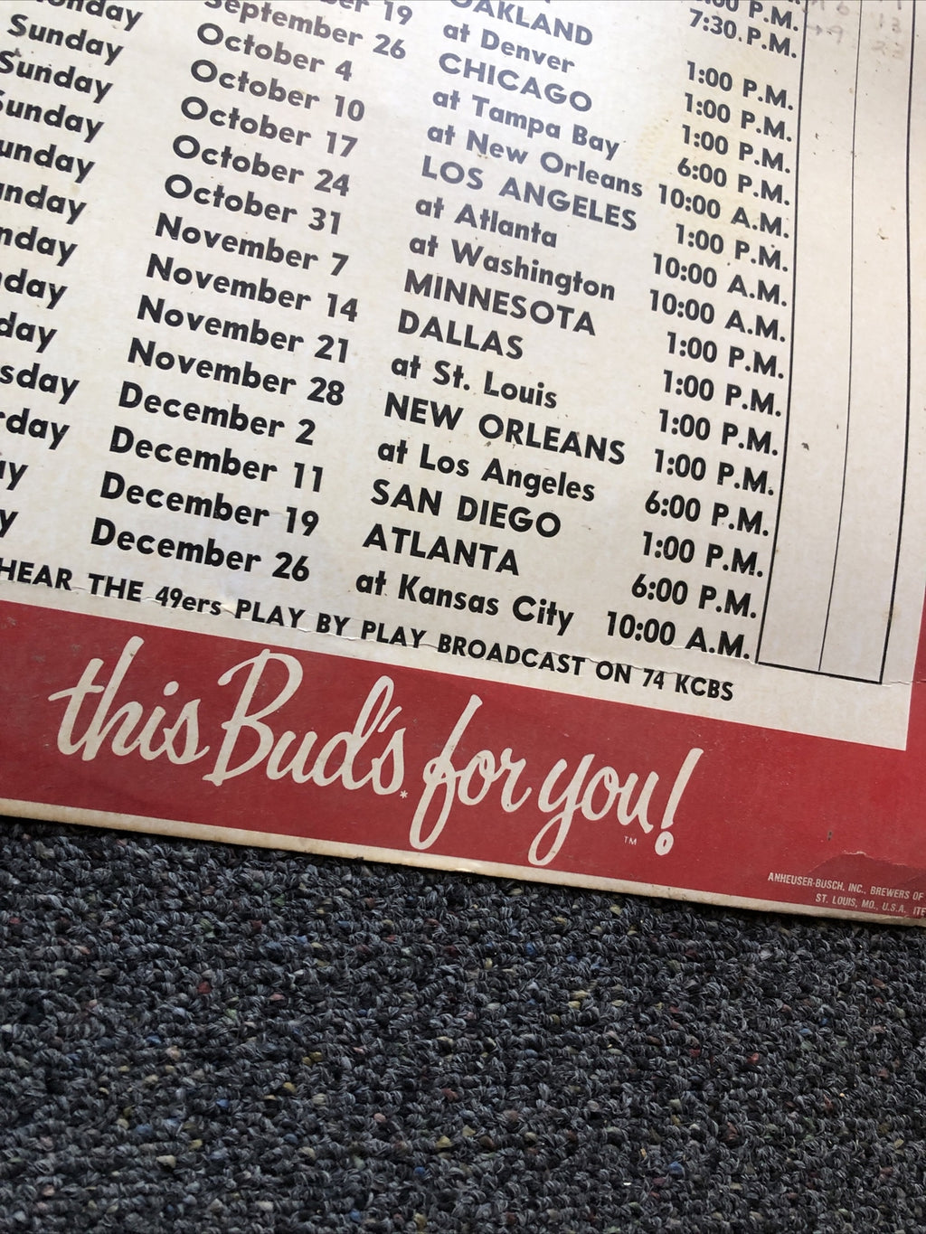RARE Vintage Budweiser 1982 49ers Poster 20”x14”3
