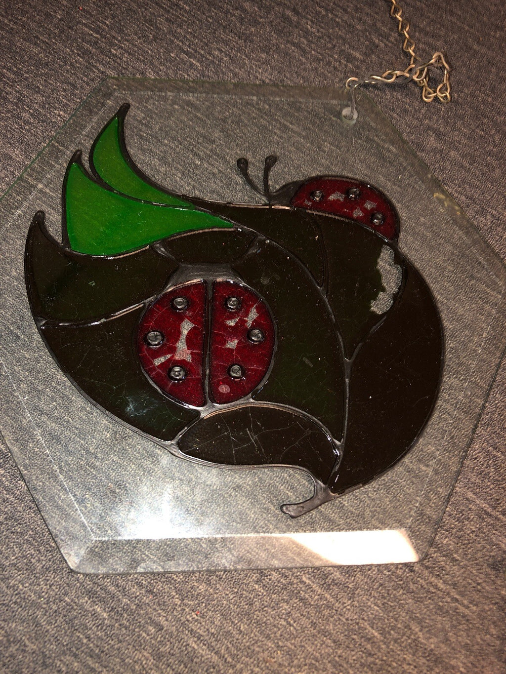 Contemporary Fused Art Glass  Hanging Plaque  Ladybugs 8” All Around0