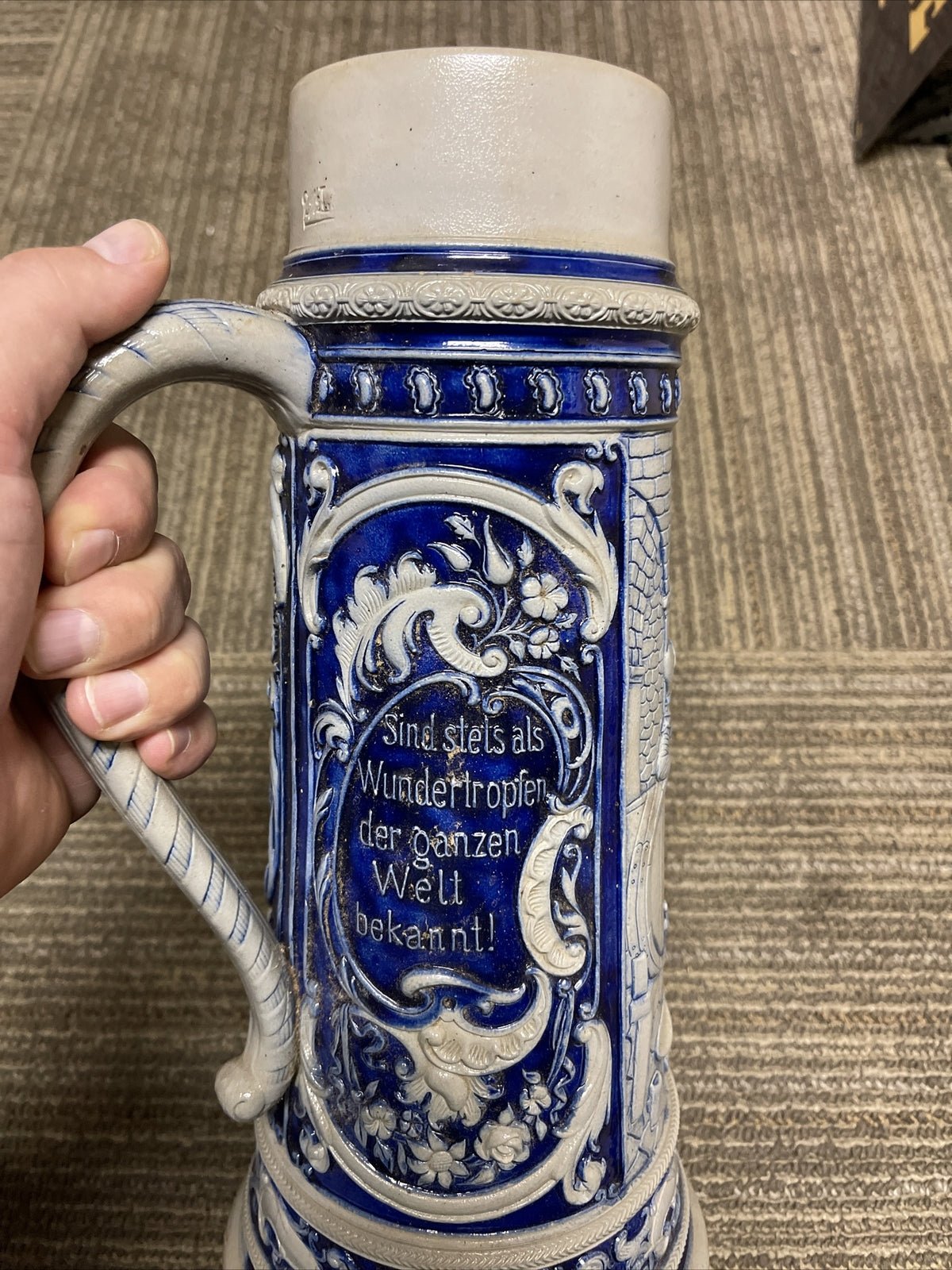 Large Antique Salt-Glazed 2.5L German Beer Stein At The Pub #1195 Cobalt Mug0