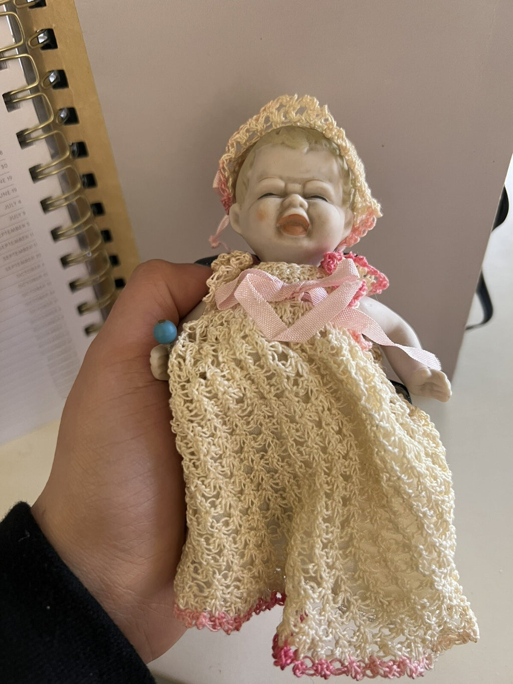5” Vintage Bisque Crying Baby Doll With Rattle in Hand3